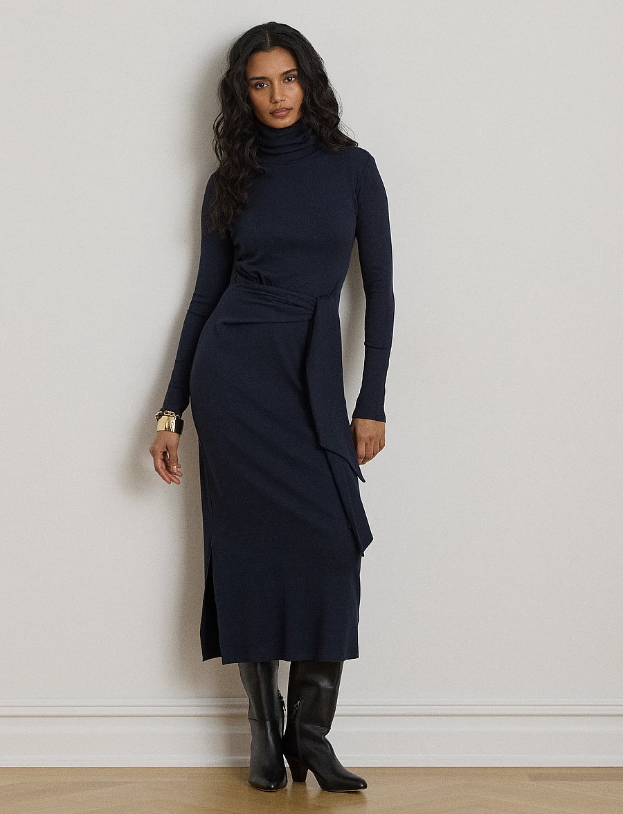 Lauren Ralph Lauren - Tie-Front Cotton-Blend Turtleneck Dress - stramme kjoler - lauren navy - 0