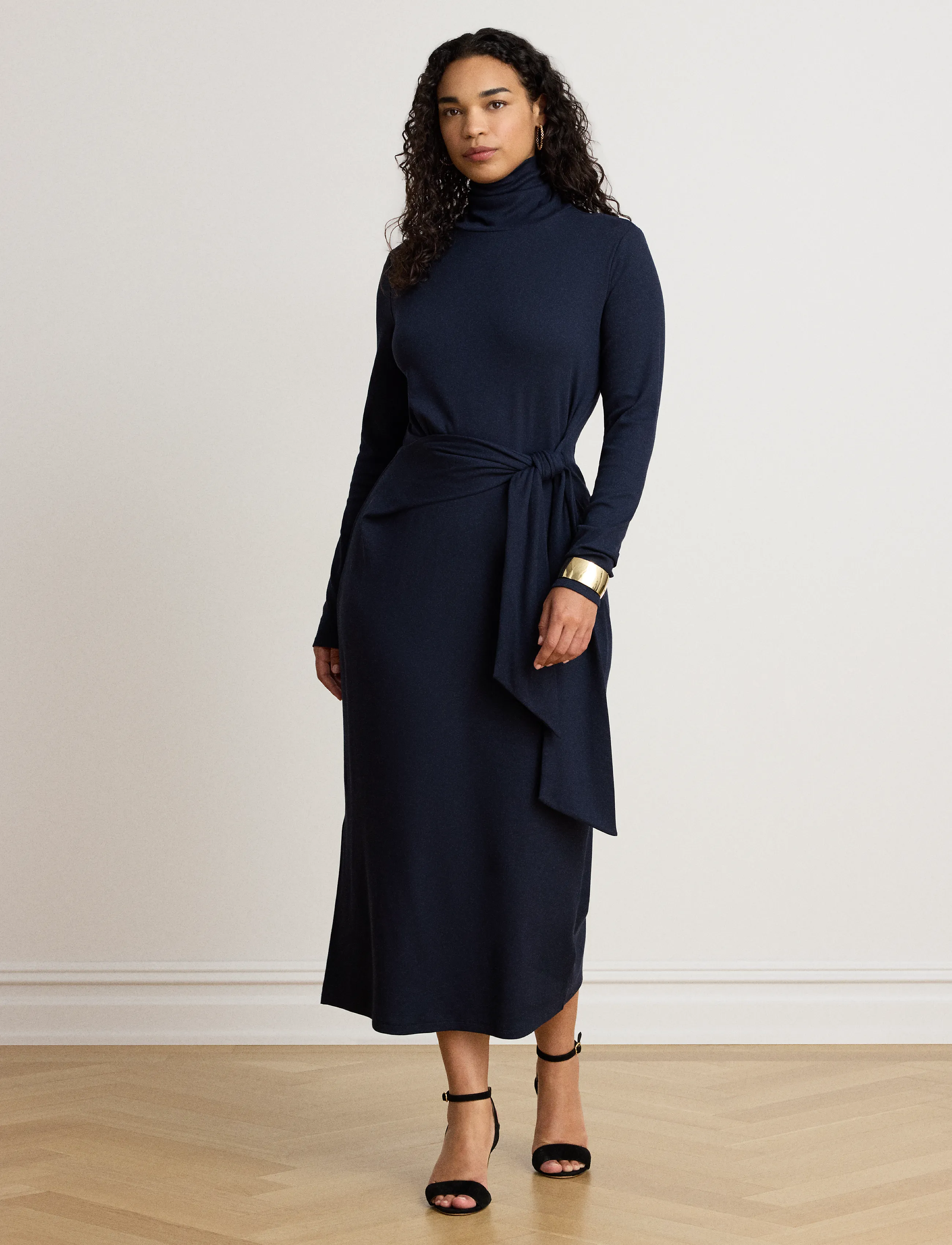 Lauren Ralph Lauren - Tie-Front Cotton-Blend Turtleneck Dress - stramme kjoler - lauren navy - 5