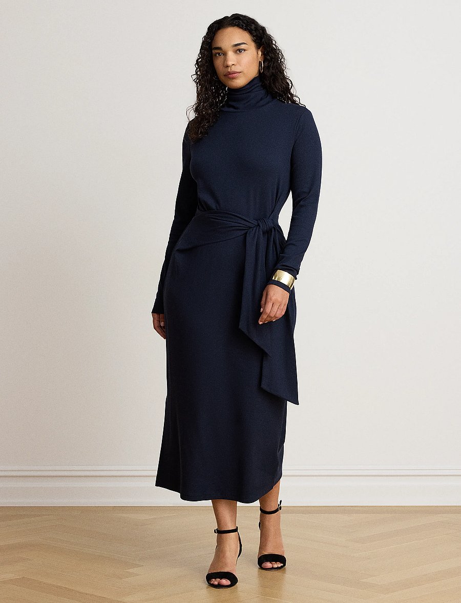 Lauren Ralph Lauren - Tie-Front Cotton-Blend Turtleneck Dress - stramme kjoler - lauren navy - 5