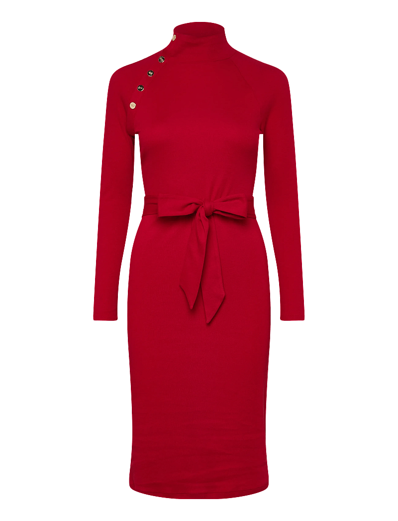 Lauren Ralph Lauren - Button-Trim Rib-Knit Mockneck Dress - aftonklänningar - ralph red - 0