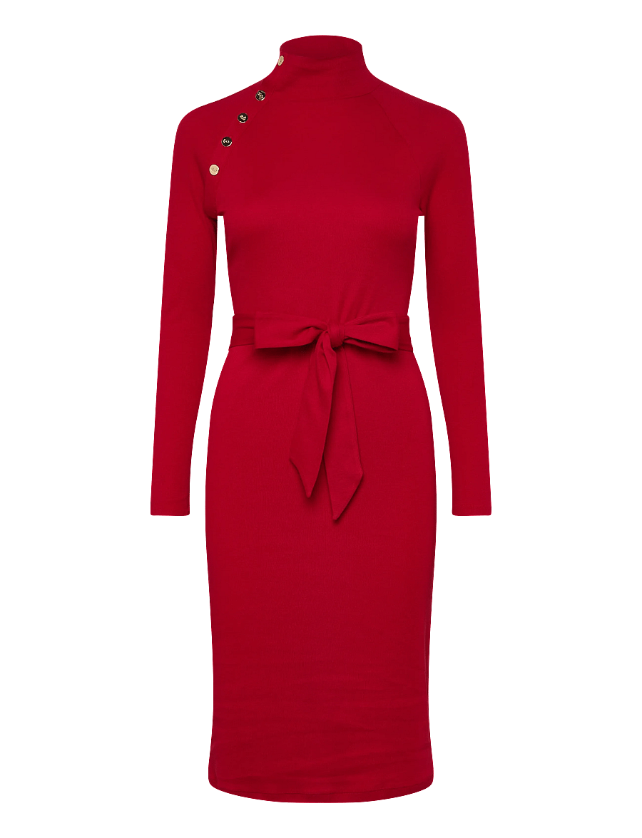 Lauren Ralph Lauren - Button-Trim Rib-Knit Mockneck Dress - strickkleider - ralph red - 0