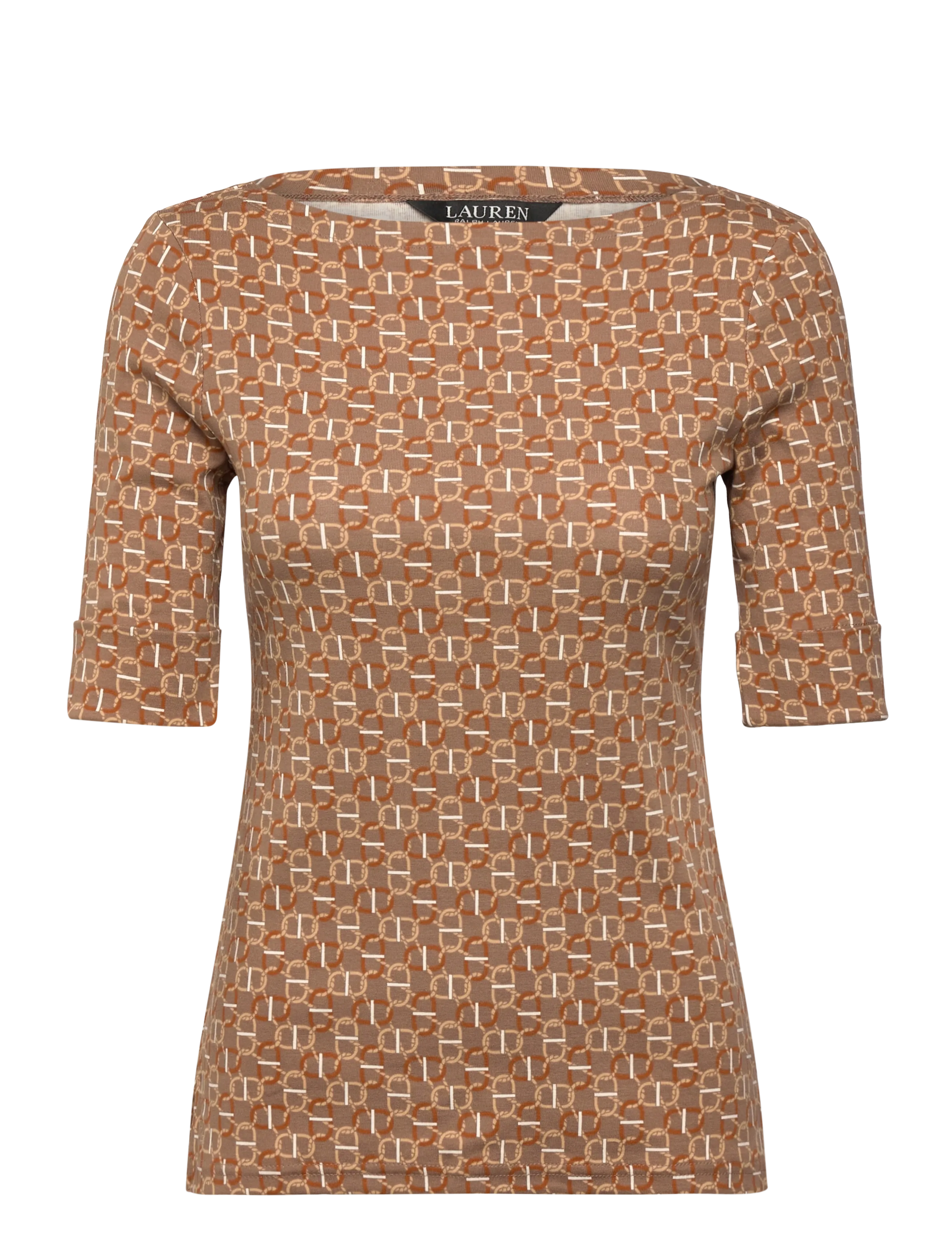 LAUREN RALPH LAUREN Geo-Print Stretch Baumwolle Boatneck Tee Braun - XS - Damen