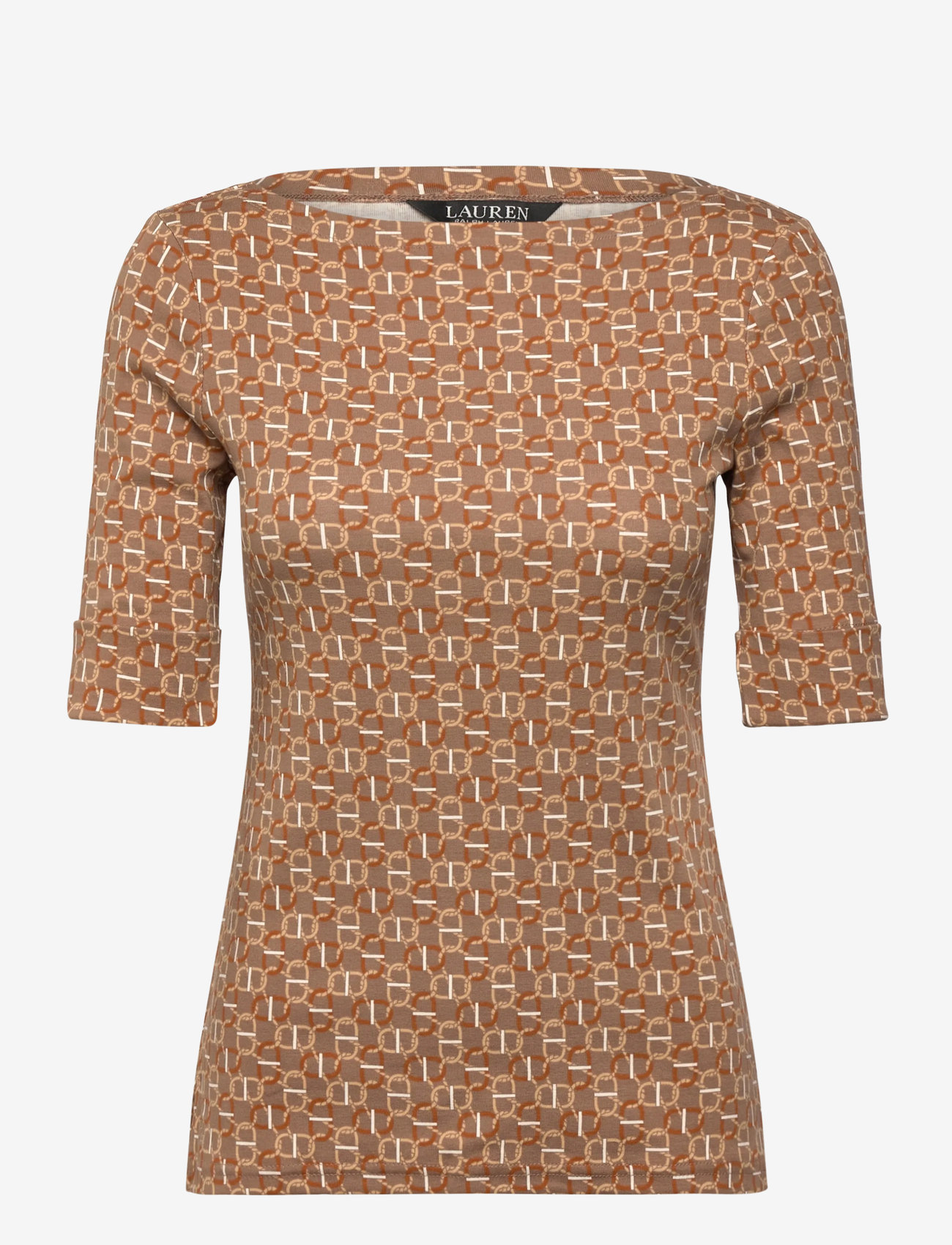 Lauren Ralph Lauren - Geo-Print Stretch Cotton Boatneck Tee - t-shirts - taupe multi - 0