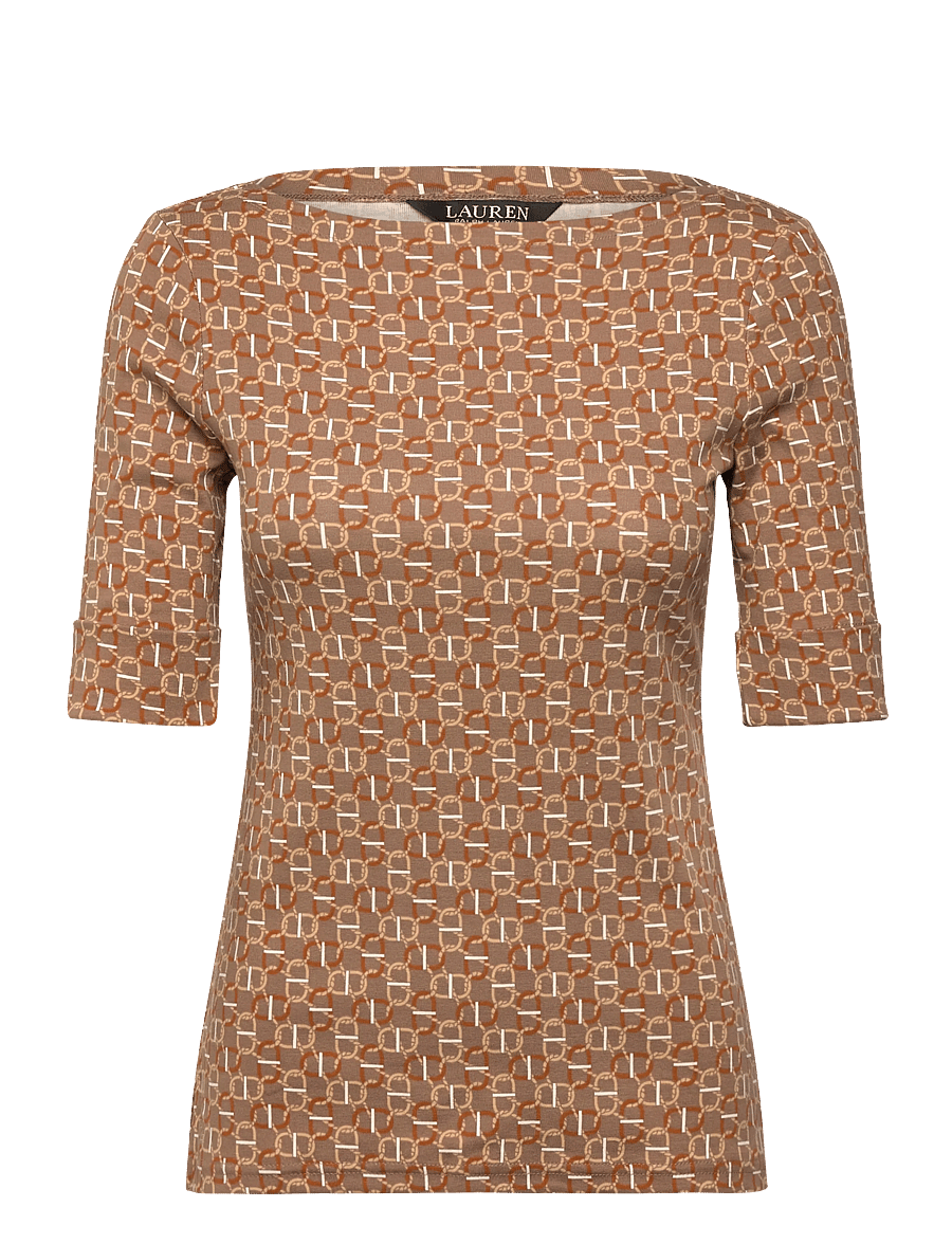 Lauren Ralph Lauren - Geo-Print Stretch Cotton Boatneck Tee - t-shirty - taupe multi - 0