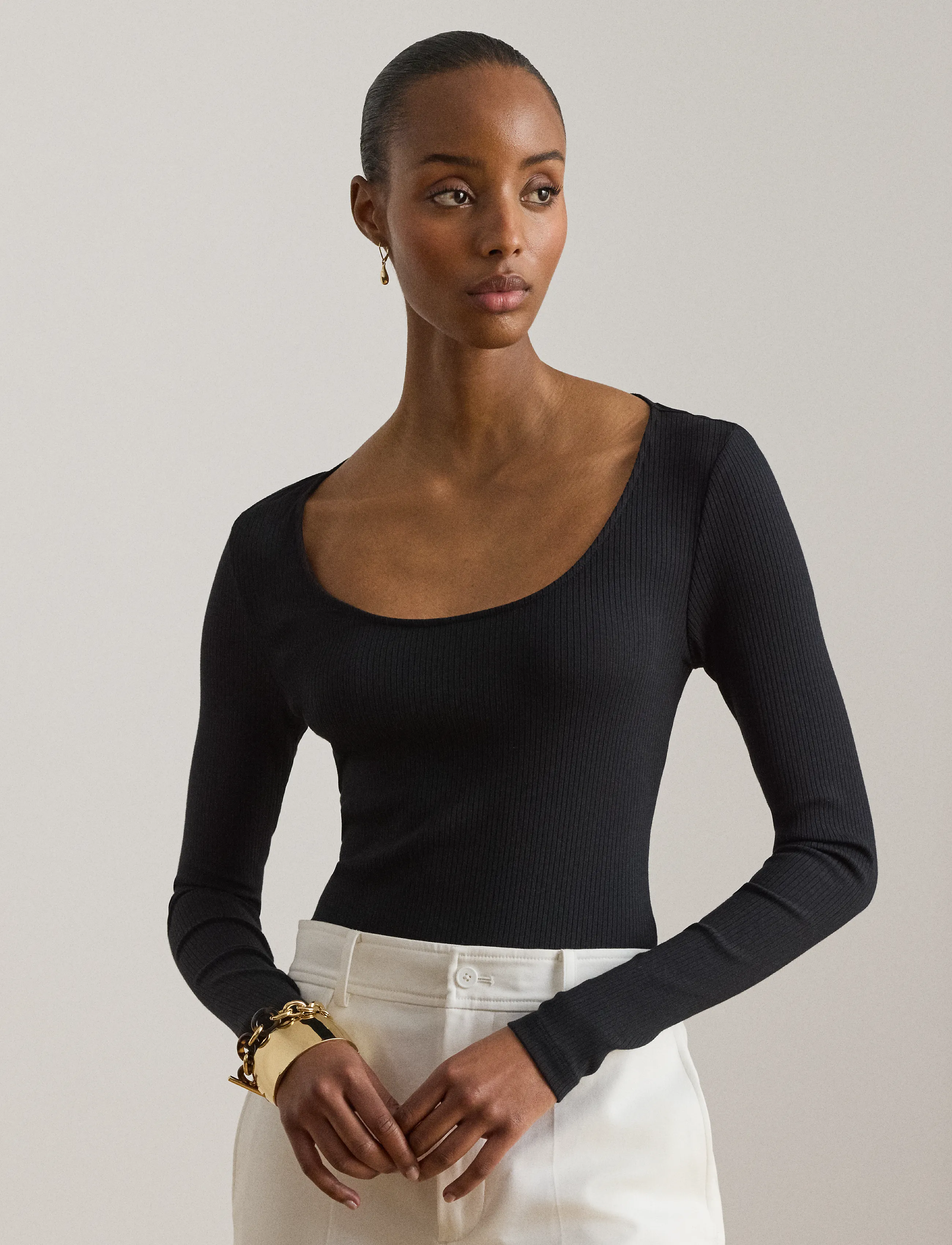 Lauren Ralph Rib-Knit Long-Sleeve Scoopneck Tee, XS, T-shirts & Oberteile, Schwarz - Long-sleeved, Frauen