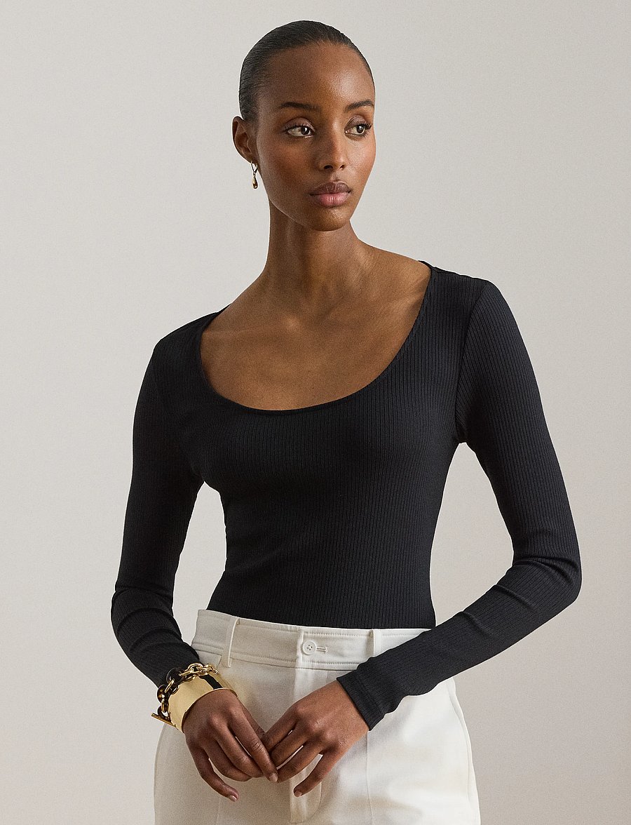 Lauren Ralph Lauren - Rib-Knit Long-Sleeve Scoopneck Tee - langärmlige tops - black - 0