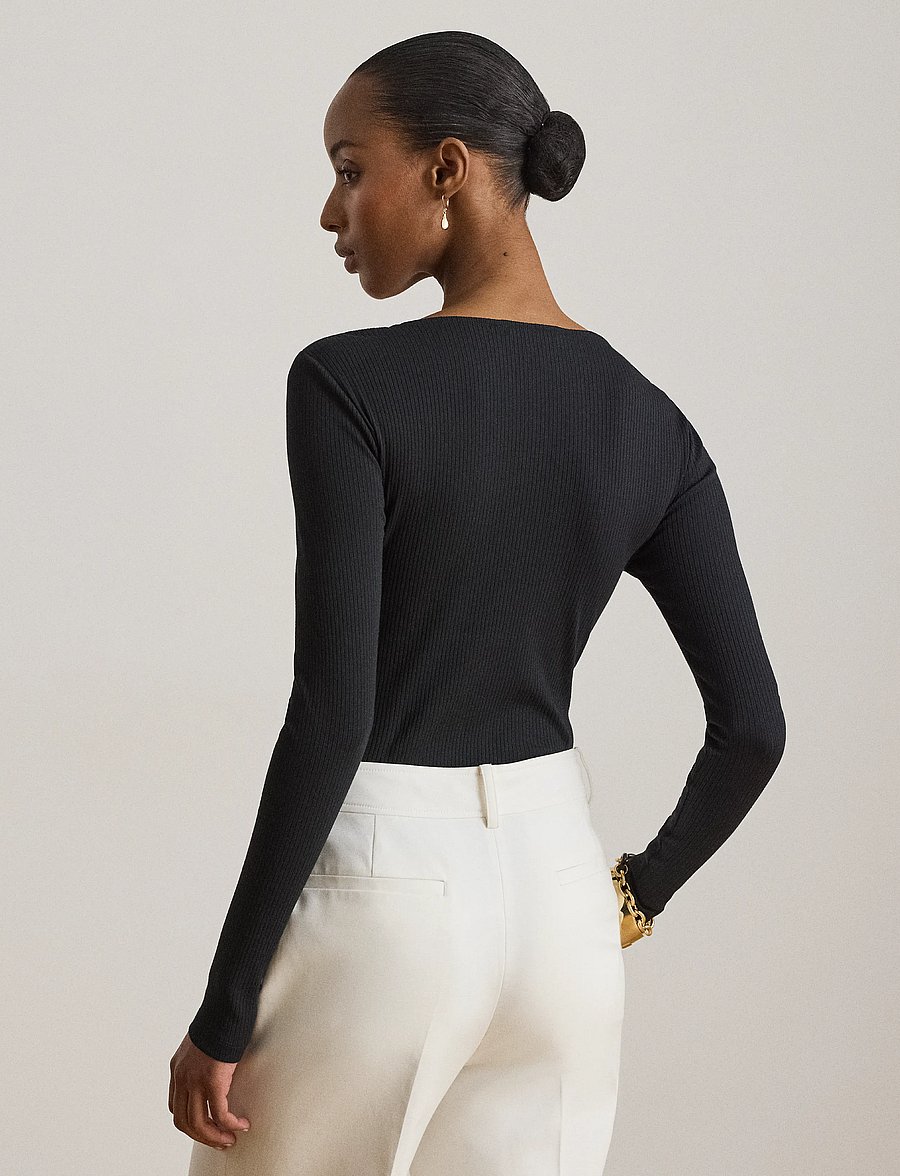 Lauren Ralph Lauren - Rib-Knit Long-Sleeve Scoopneck Tee - langärmlige tops - black - 2