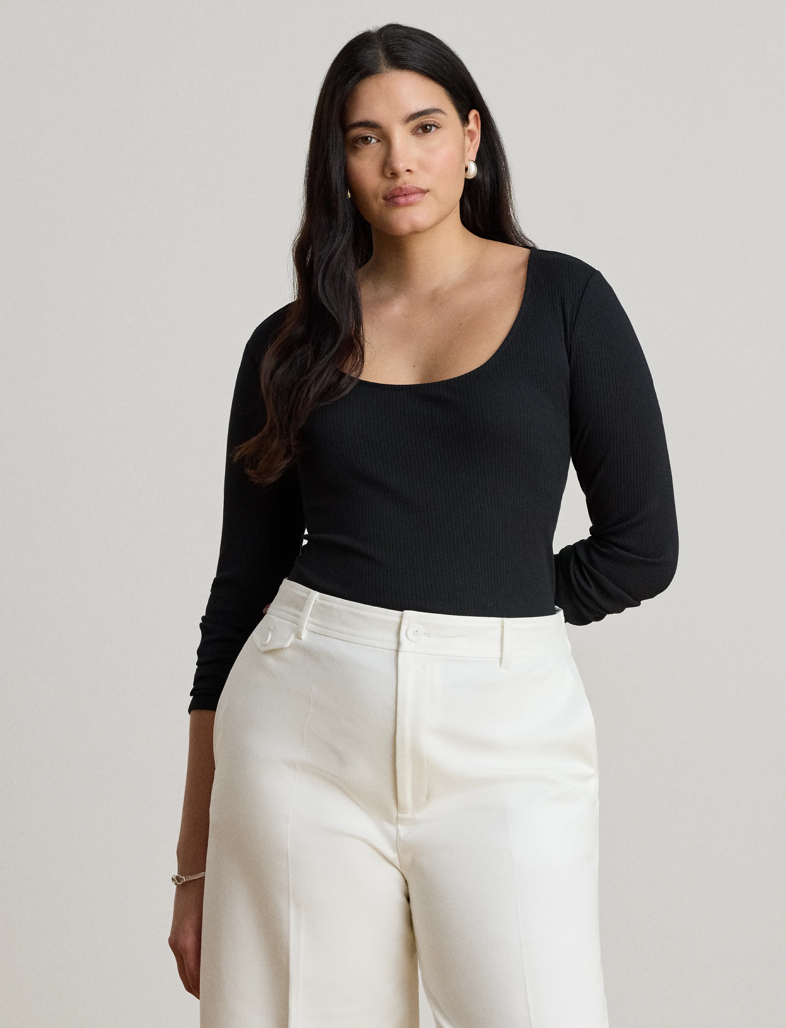 Lauren Ralph Lauren - Rib-Knit Long-Sleeve Scoopneck Tee - pikkade varrukatega alussärgid - black - 5