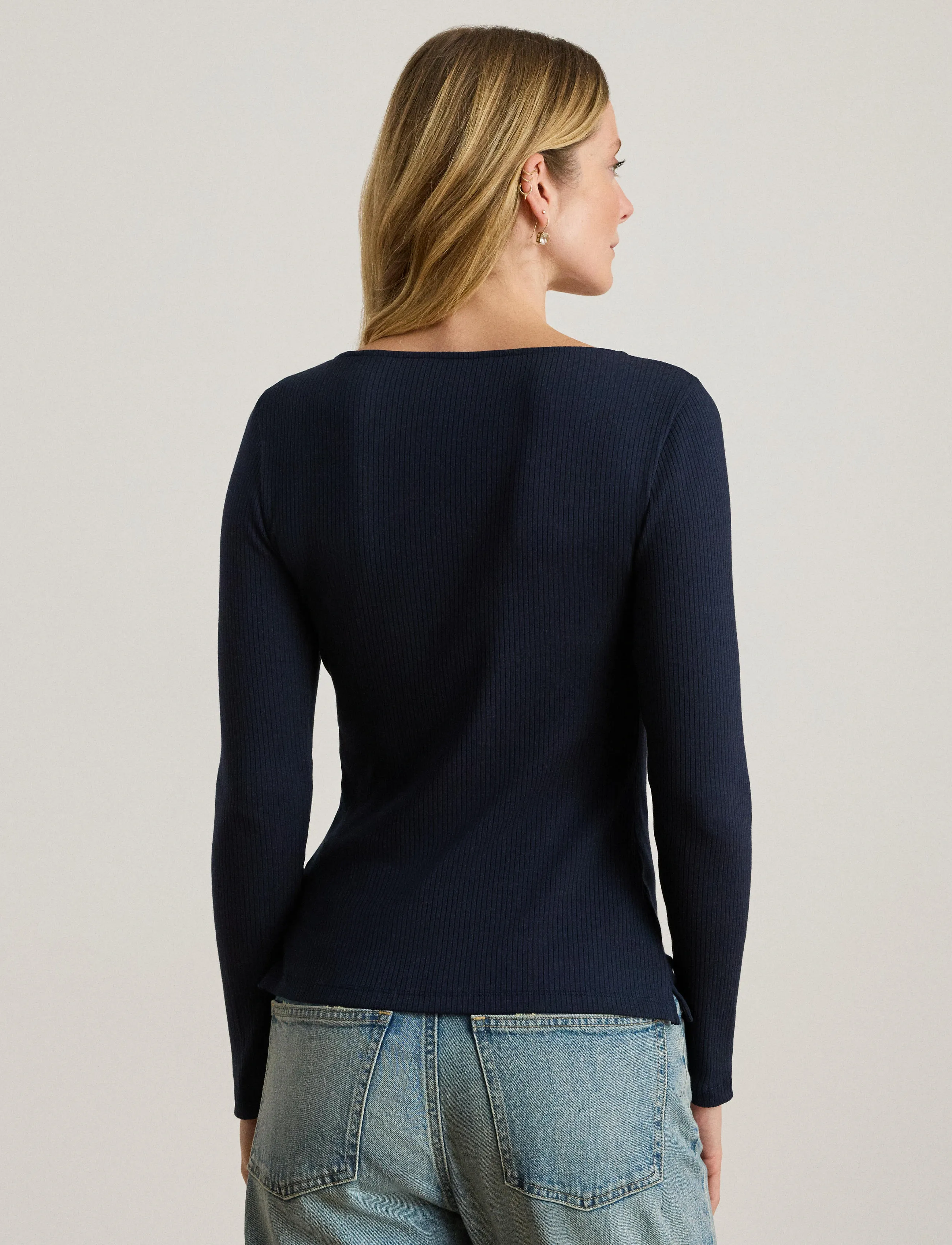 Lauren Ralph Rib-Knit Long-Sleeve Scoopneck Tee, S, T-shirts & Oberteile, Marineblau - Long-sleeved, Frauen
