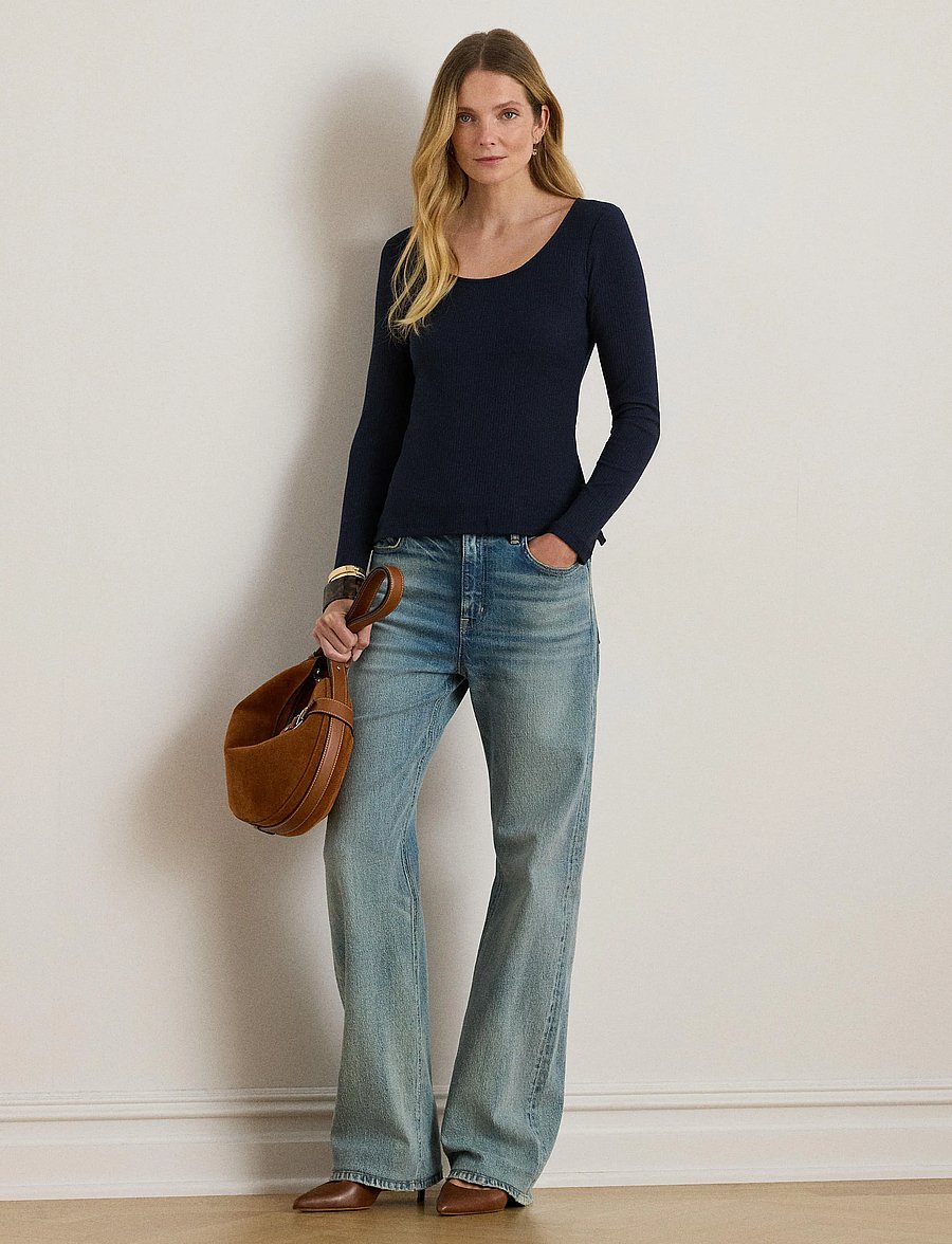 Lauren Ralph Lauren - Rib-Knit Long-Sleeve Scoopneck Tee - langärmlige tops - lauren navy - 3