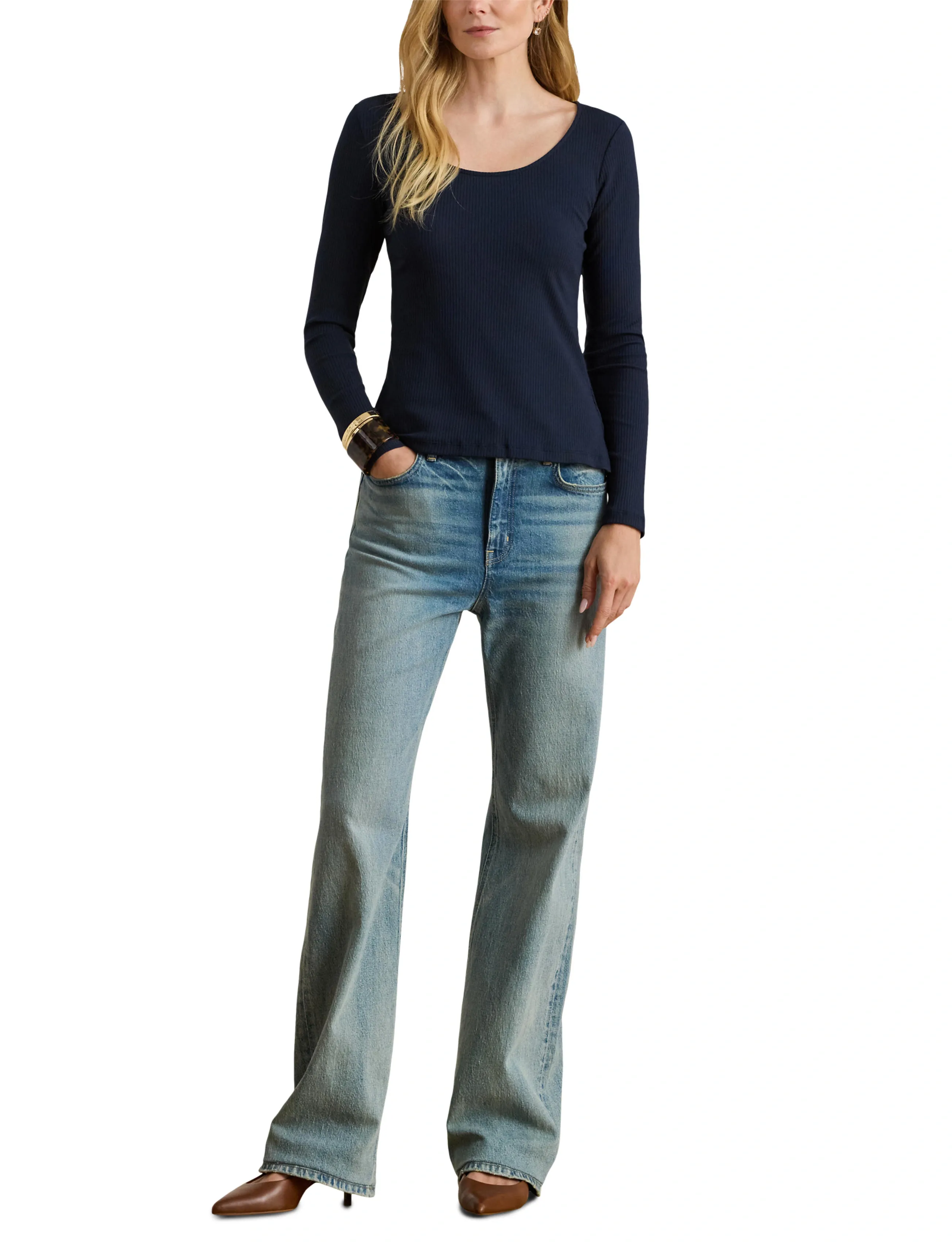 Lauren Ralph Lauren Rib-Knit Long-Sleeve Scoopneck Tee - Lauren Ralph Lauren - LAUREN NAVY / navy