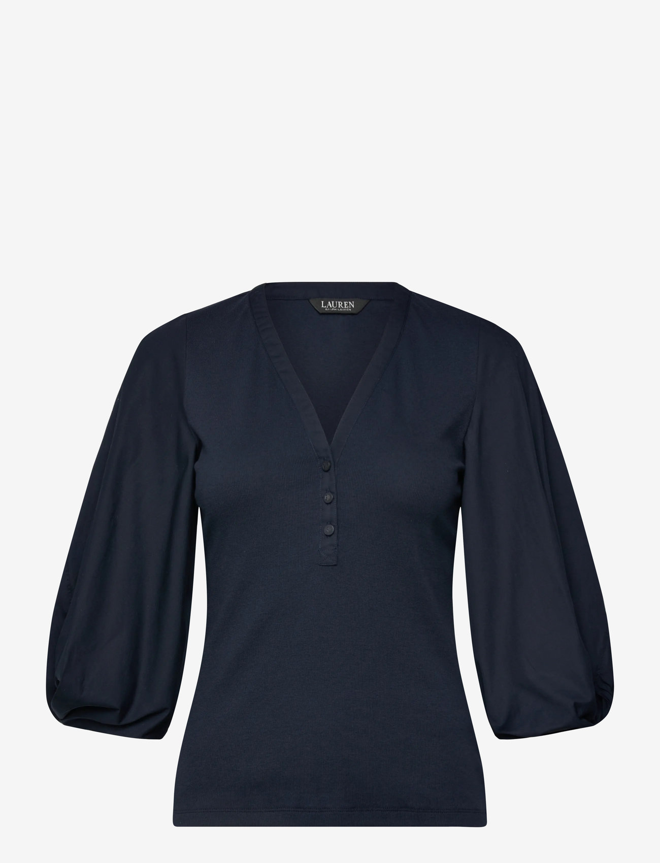 Lauren Ralph Lauren - Rib-Knit Balloon-Sleeve Henley Top - kurzämlige blusen - lauren navy - 0