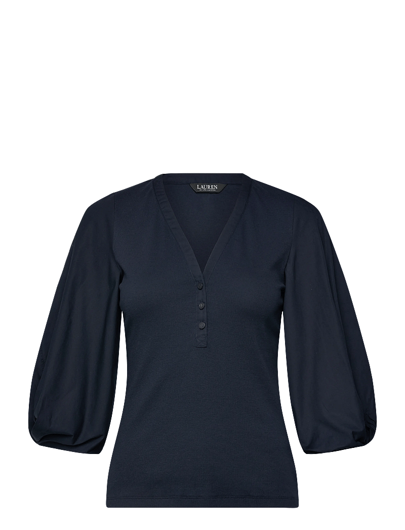 Lauren Ralph Lauren - Rib-Knit Balloon-Sleeve Henley Top - kurzämlige blusen - lauren navy - 0
