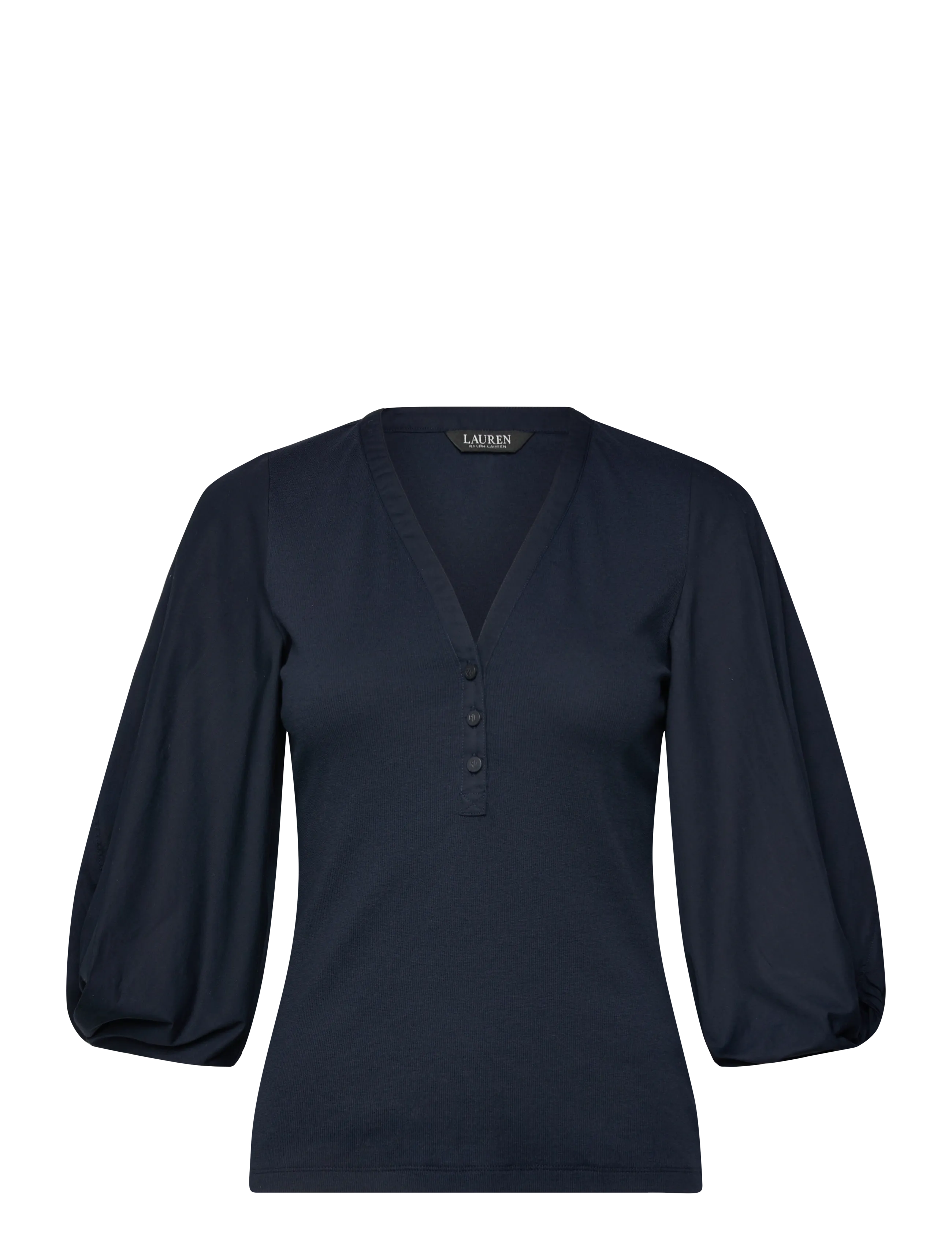 Lauren Ralph Lauren Rib-Knit Balloon-Sleeve Henley Top - Tøj - LAUREN NAVY / navy