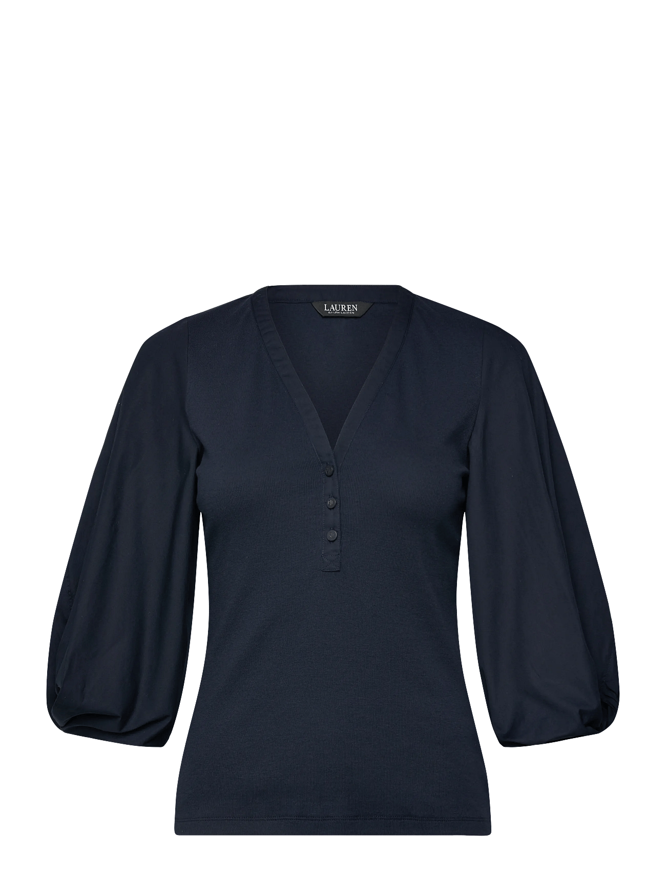 Rib-Knit Balloon-Sleeve Henley Top - LAUREN