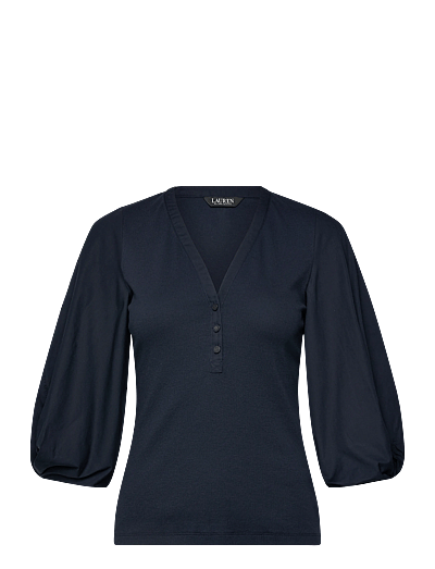 Lauren Ralph Lauren Rib-Knit Balloon-Sleeve Henley Top - Kurzärmelige Blusen - LAUREN NAVY / navy