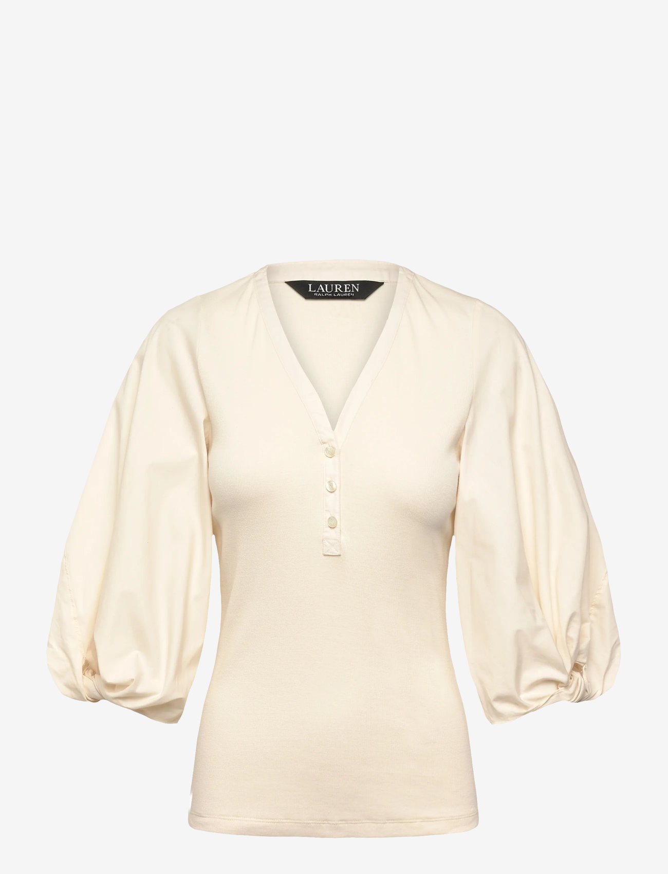 Lauren Ralph Lauren - Rib-Knit Balloon-Sleeve Henley Top - kortärmade blusar - mascarpone cream - 0