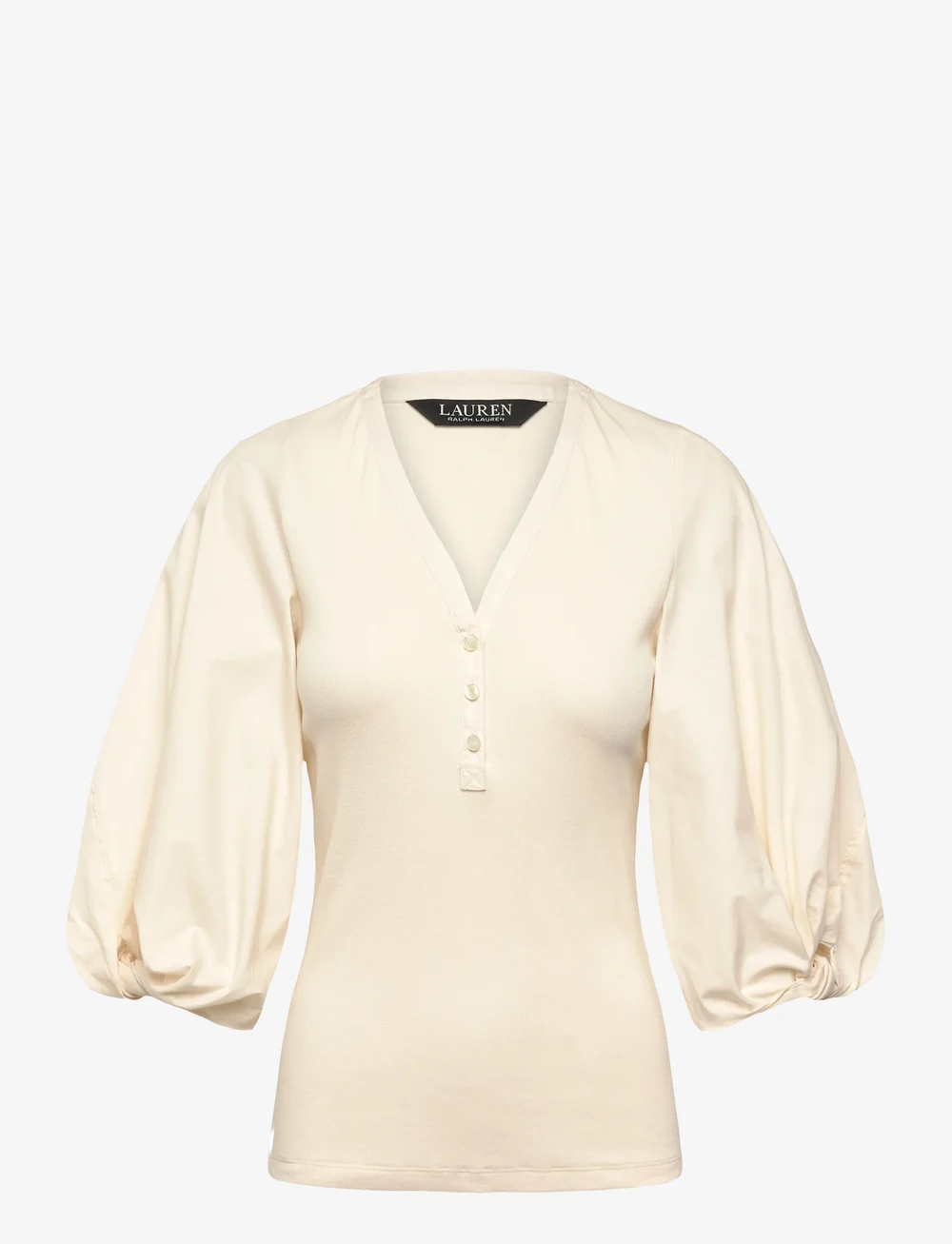 Lauren Ralph Lauren - Rib-Knit Balloon-Sleeve Henley Top - kortärmade blusar - mascarpone cream - 0
