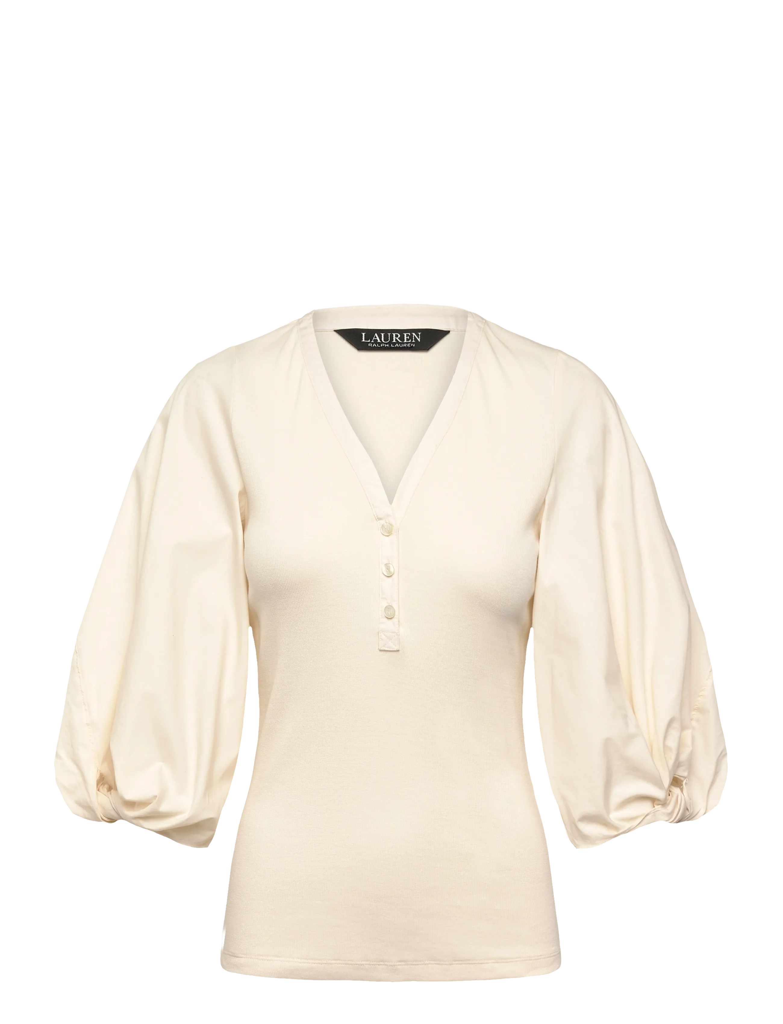 Lauren Ralph Lauren Rib-Knit Balloon-Sleeve Henley Top - Bluser - MASCARPONE CREAM / cream