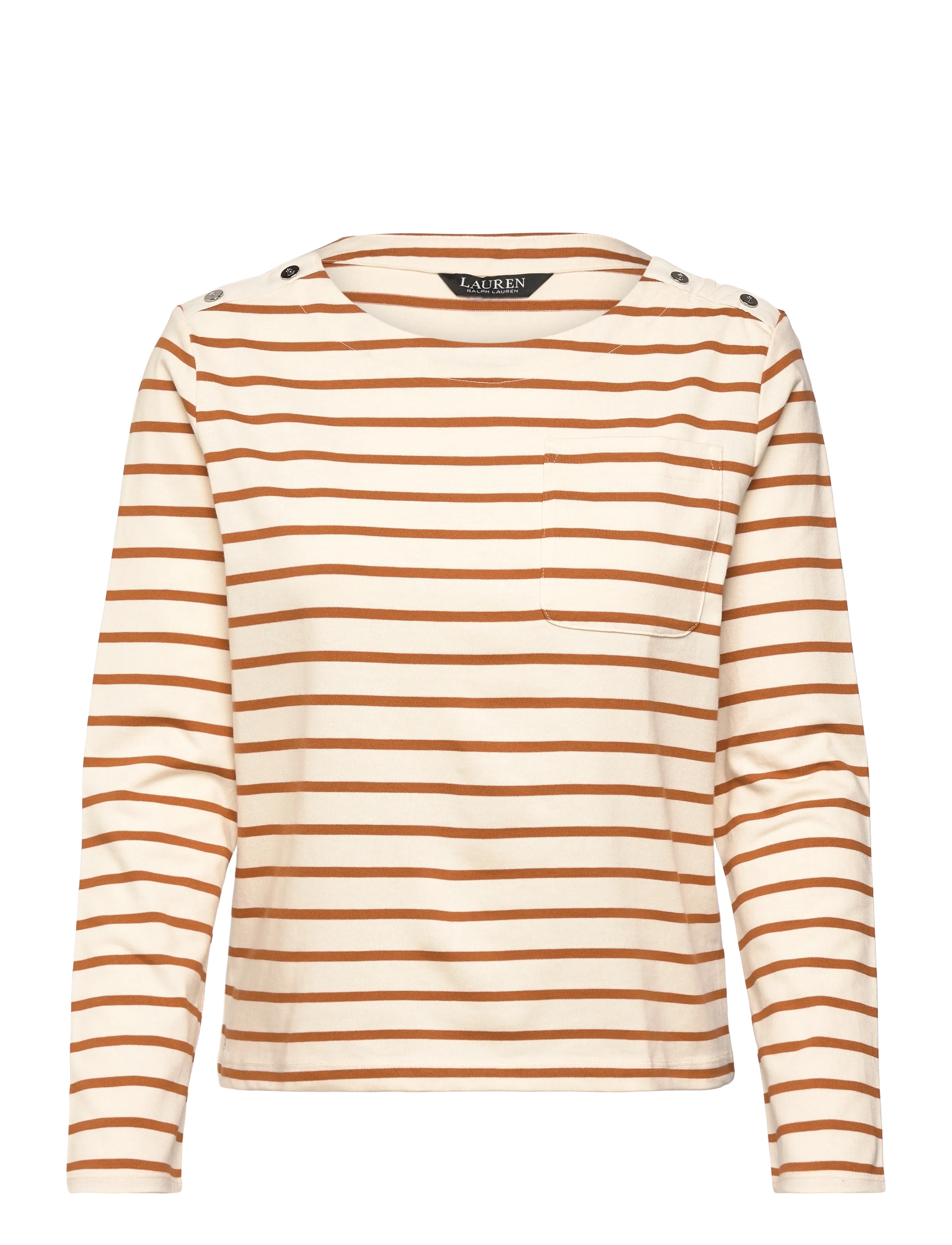 LAUREN RALPH LAUREN Gestreift Jersey Snap-Trim Boatneck Oberteil Beige - S - Damen