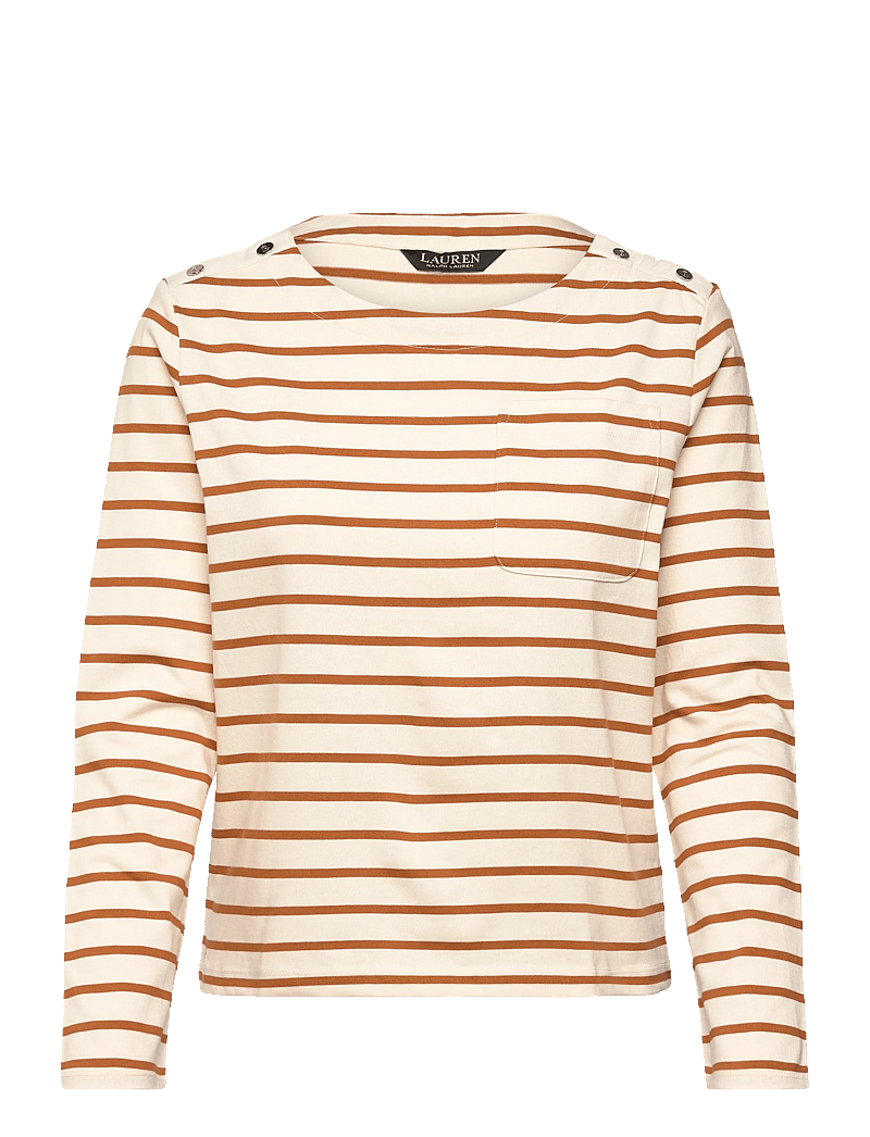 Lauren Ralph Lauren - Striped Jersey Snap-Trim Boatneck Top - langärmlige tops - mascarpone cream - 0