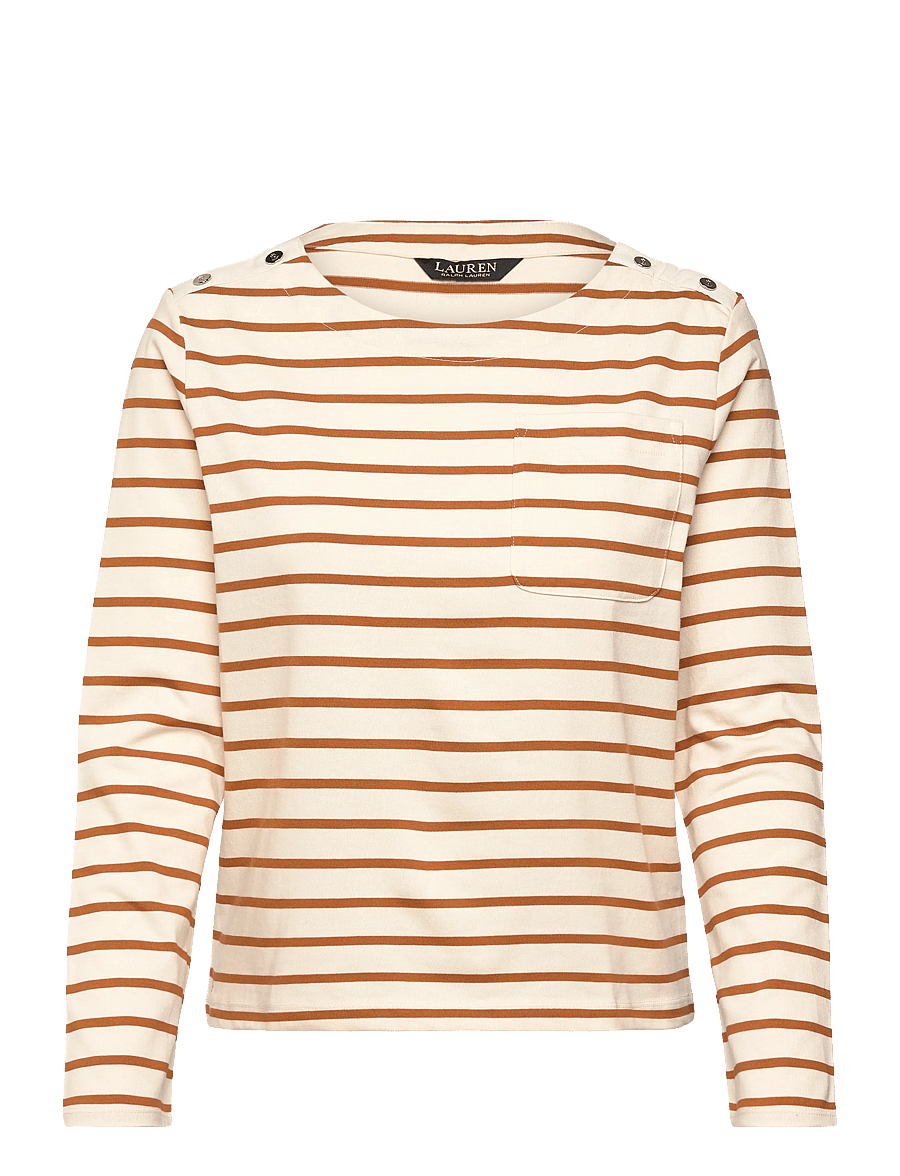 Lauren Ralph Lauren - Striped Jersey Snap-Trim Boatneck Top - langärmlige tops - mascarpone cream - 0