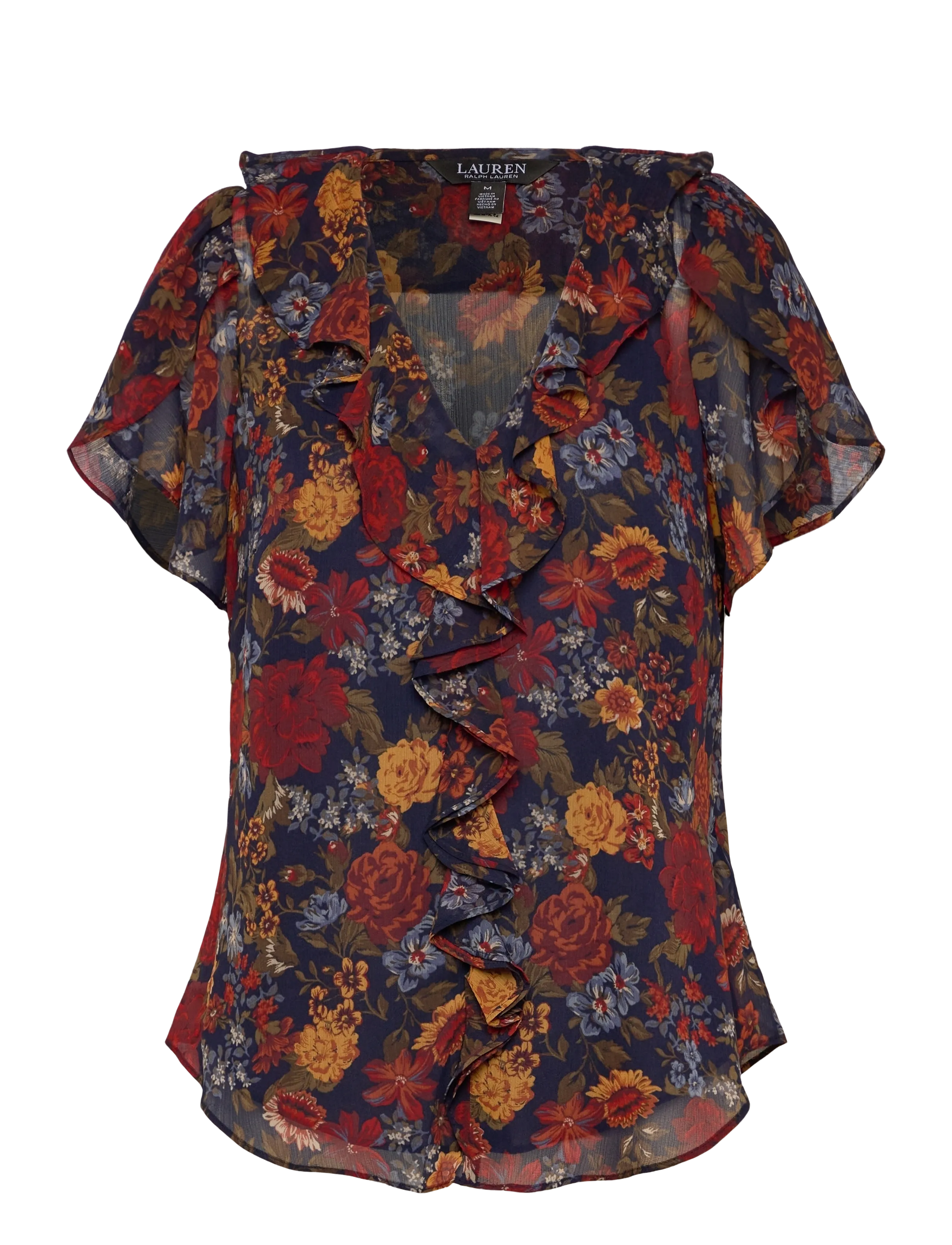 Lauren Ralph Lauren Floral Ruffle-Trim Georgette Blouse, XS, Navy, Bluser > Kortærmede, Dame