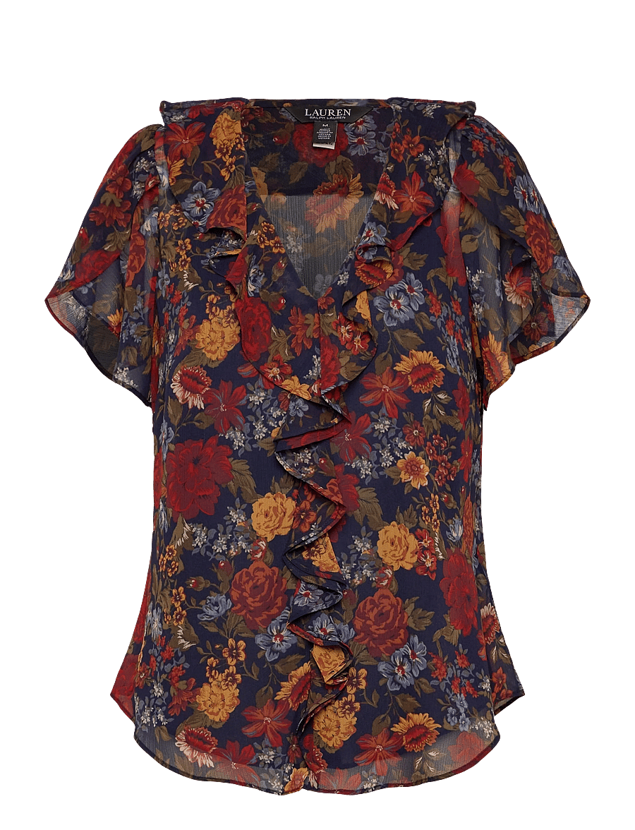 Lauren Ralph Lauren - Floral Ruffle-Trim Georgette Blouse - kortärmade blusar - navy multi - 0