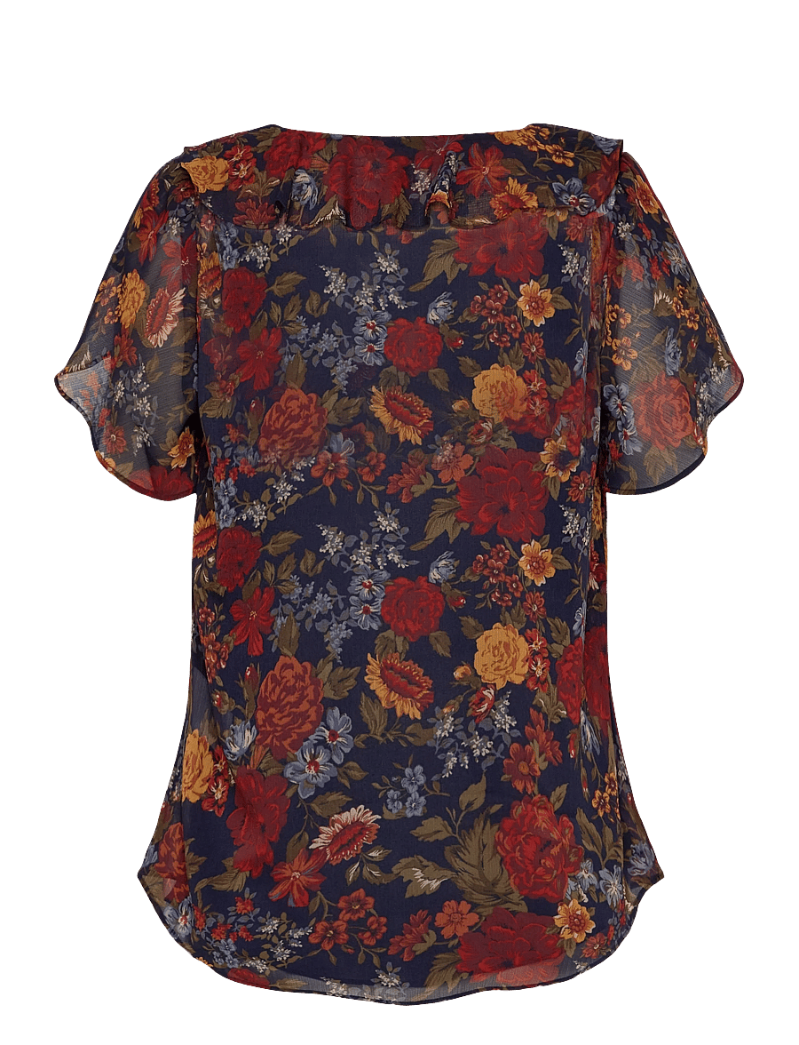 Lauren Ralph Lauren - Floral Ruffle-Trim Georgette Blouse - kortärmade blusar - navy multi - 1