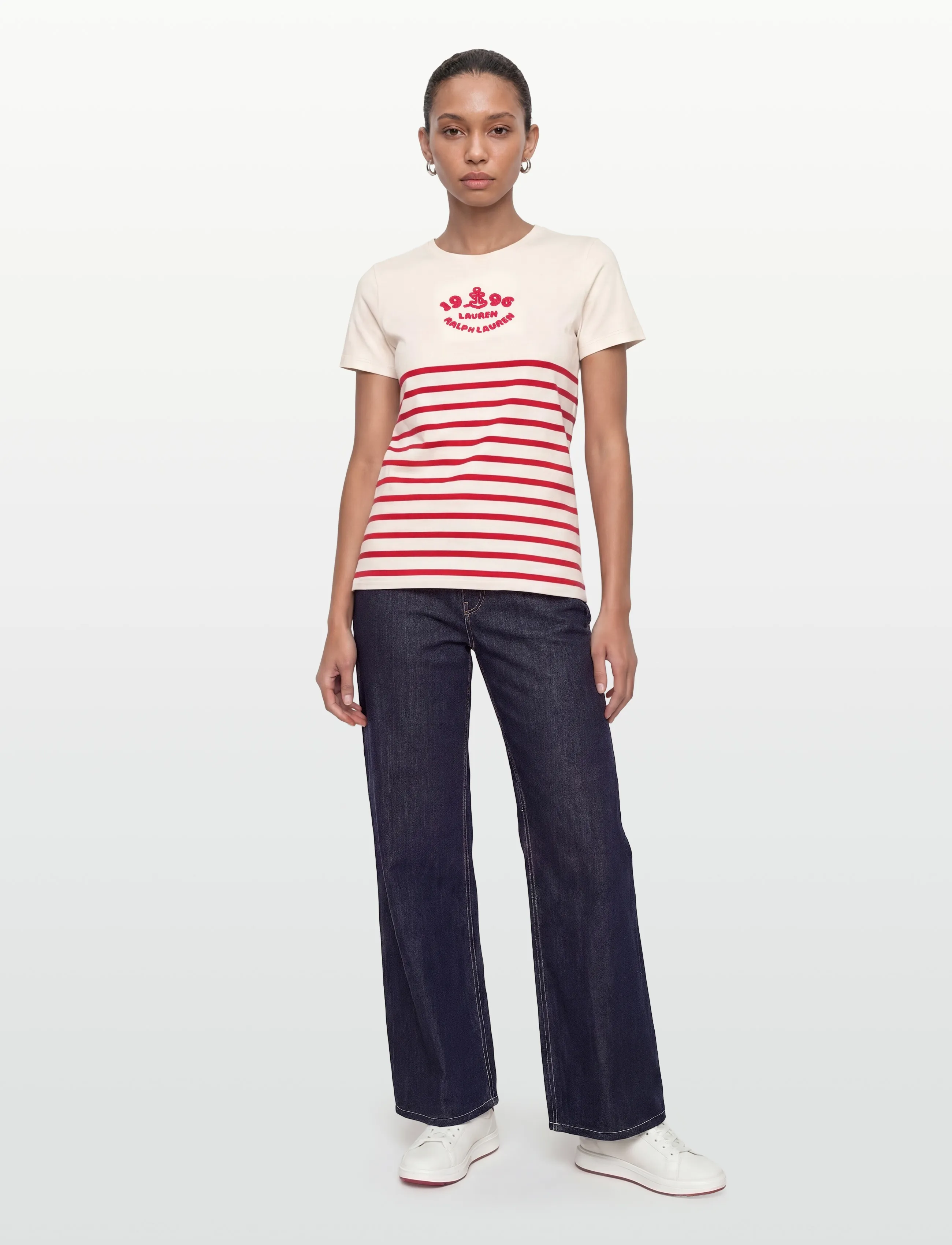 Lauren Ralph Lauren COTTON JERSEY-KNT-T-SHIRT - Tøj - MASCARPONE CREAM / red
