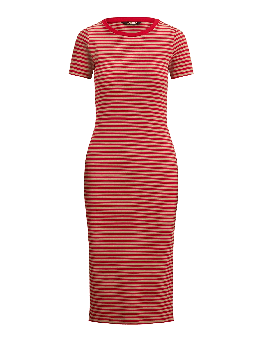 Lauren Ralph Lauren - Striped Cotton-Blend Ribbed Tee Dress - t-shirt jurken - cruise red/birch - 1