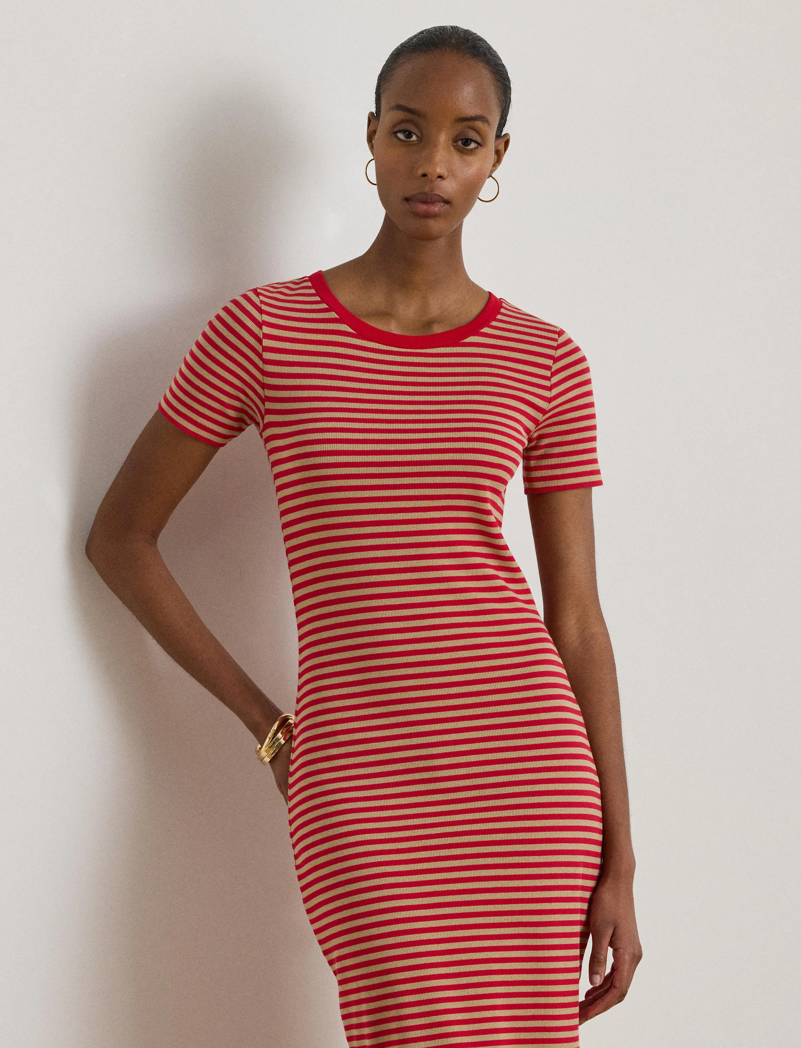 Lauren Ralph Striped Cotton-Blend Ribbed Tee Dress, XS, Dresses, Rot - Knee-length & Midi, Frauen