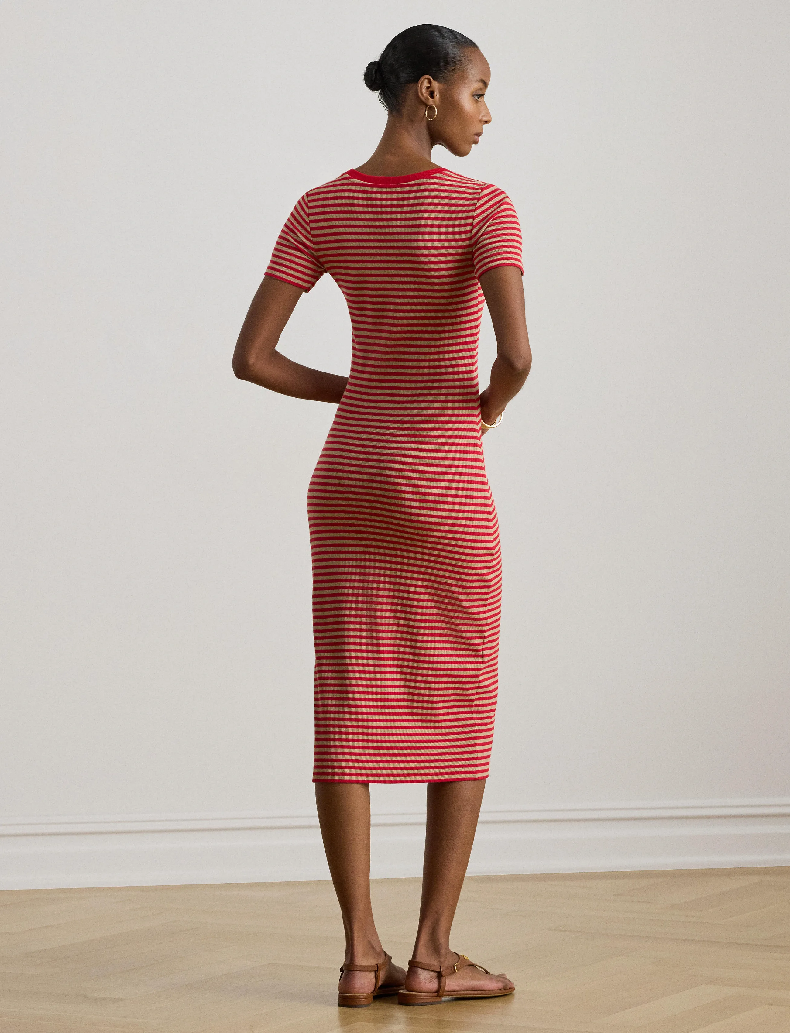 Lauren Ralph Lauren - Striped Cotton-Blend Ribbed Tee Dress - t-shirtkjoler - cruise red/birch - 4