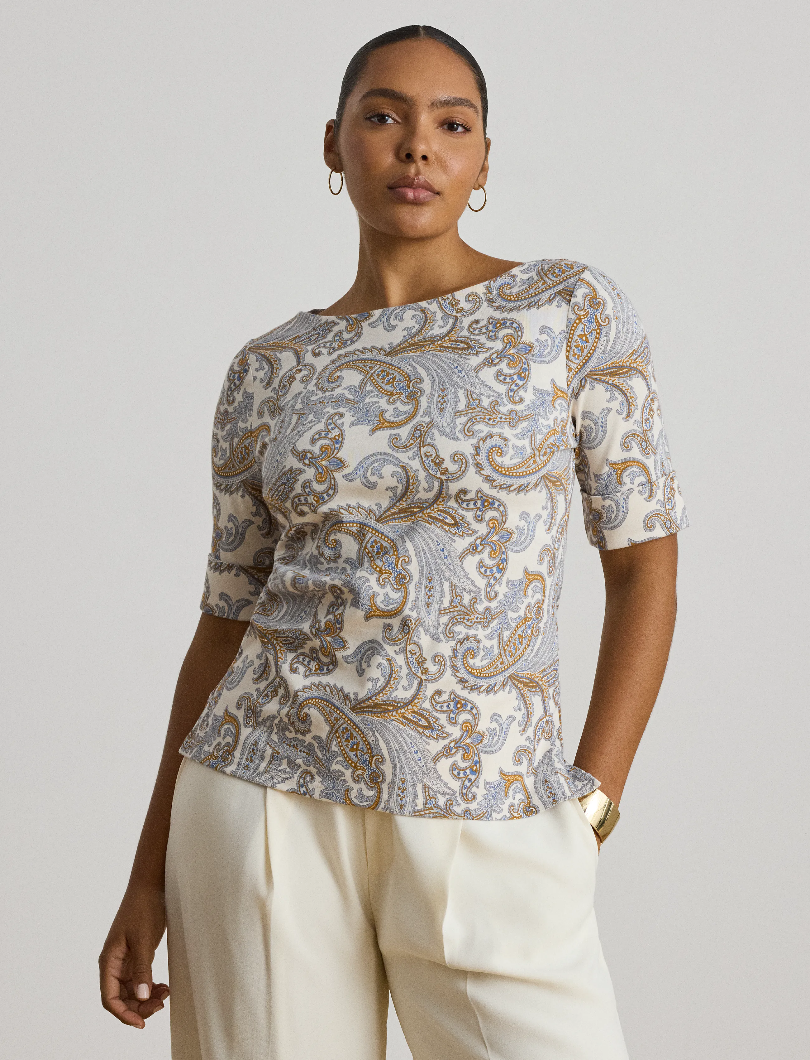 Lauren Ralph Lauren Paisley Stretch Cotton Boatneck Tee - Drabužiai - CREAM MULTI / cream