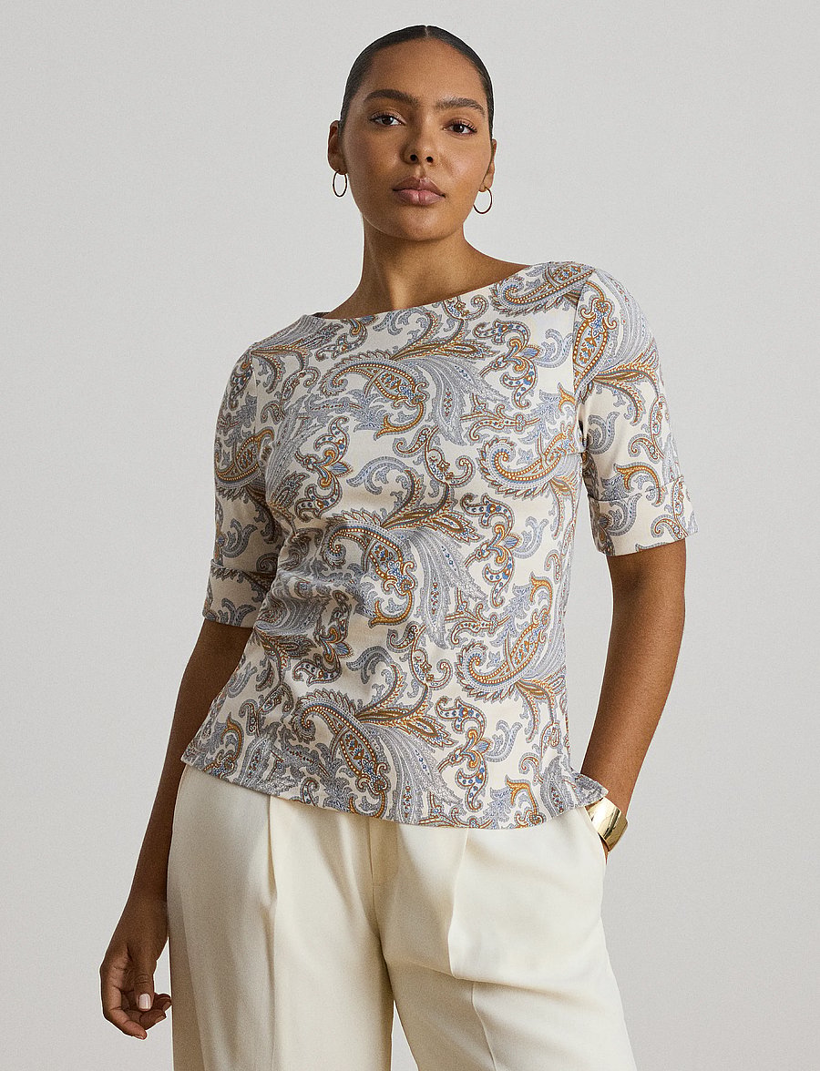 Lauren Ralph Lauren - Paisley Stretch Cotton Boatneck Tee - t-shirts - cream multi - 0