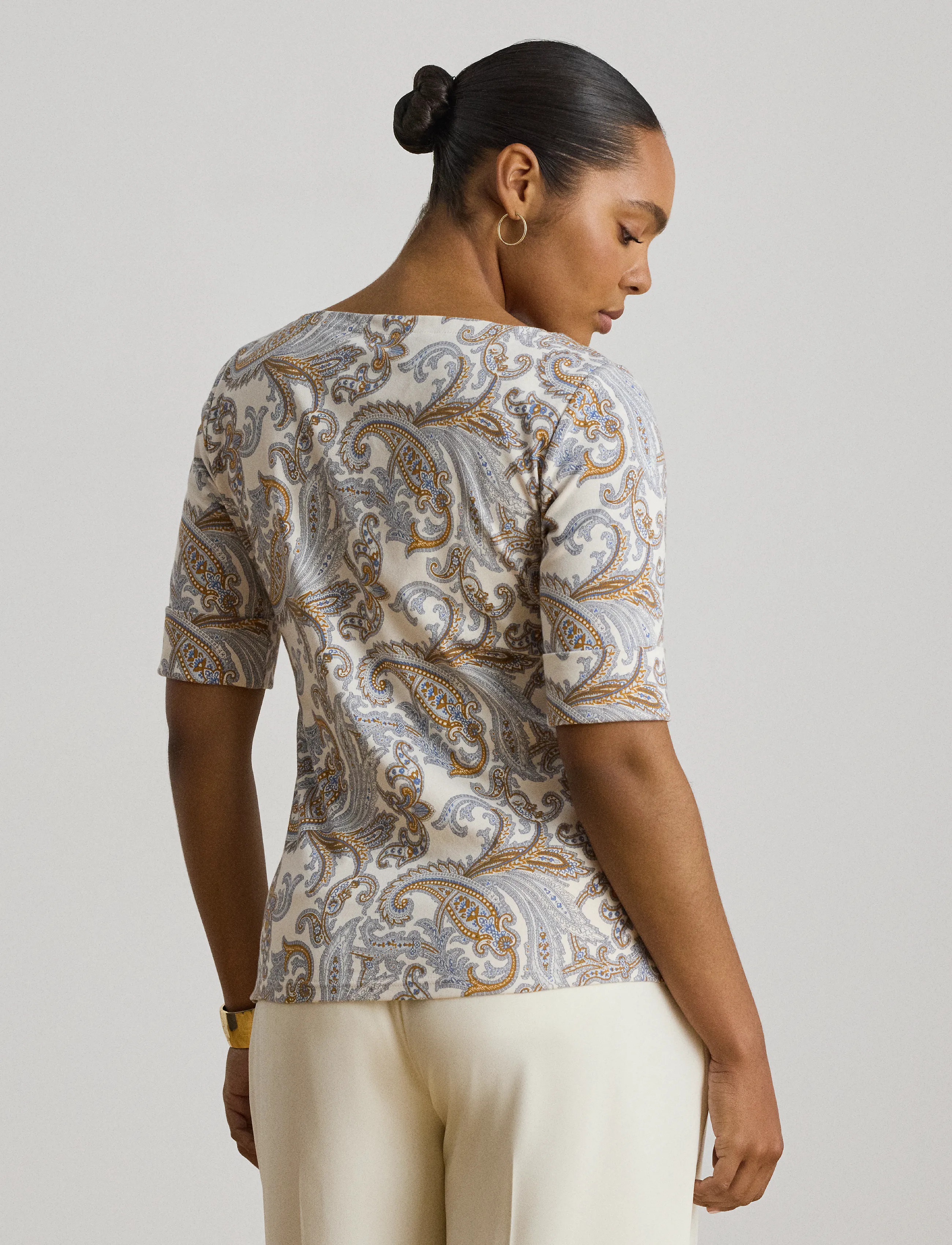 Lauren Ralph Lauren - Paisley Stretch Cotton Boatneck Tee - t-shirts - cream multi - 3