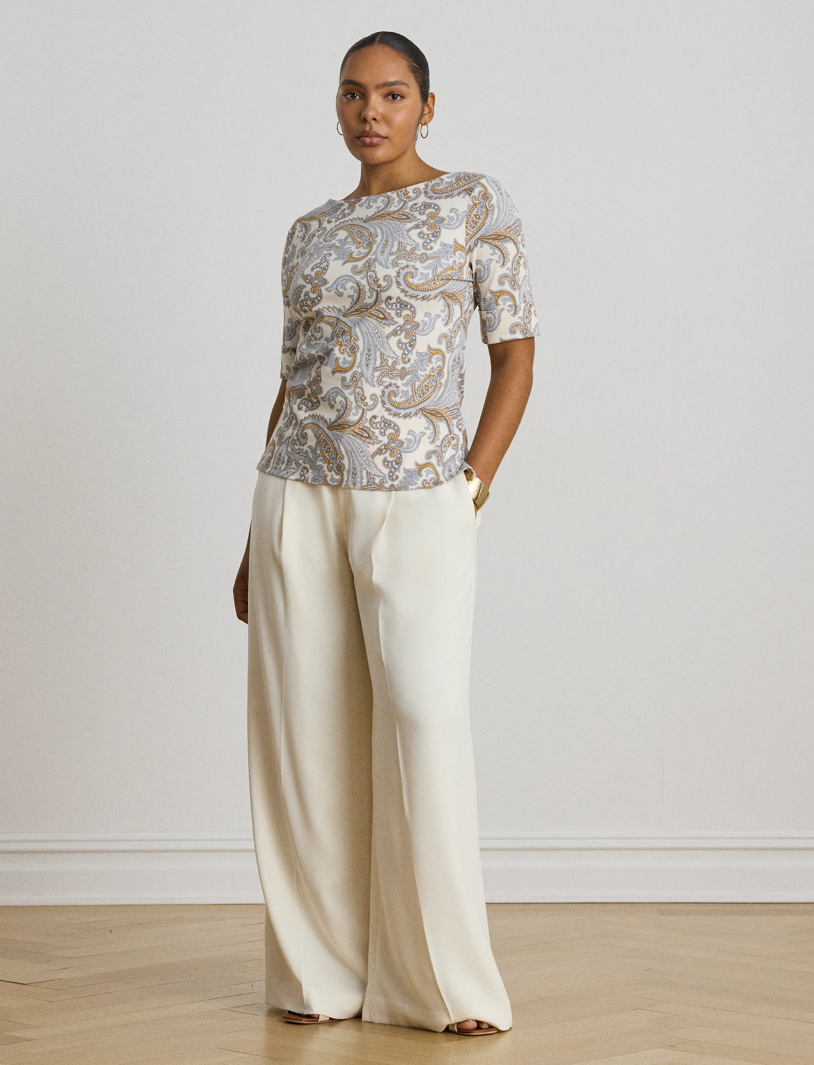 Lauren Ralph Lauren - Paisley Stretch Cotton Boatneck Tee - t-shirts - cream multi - 4