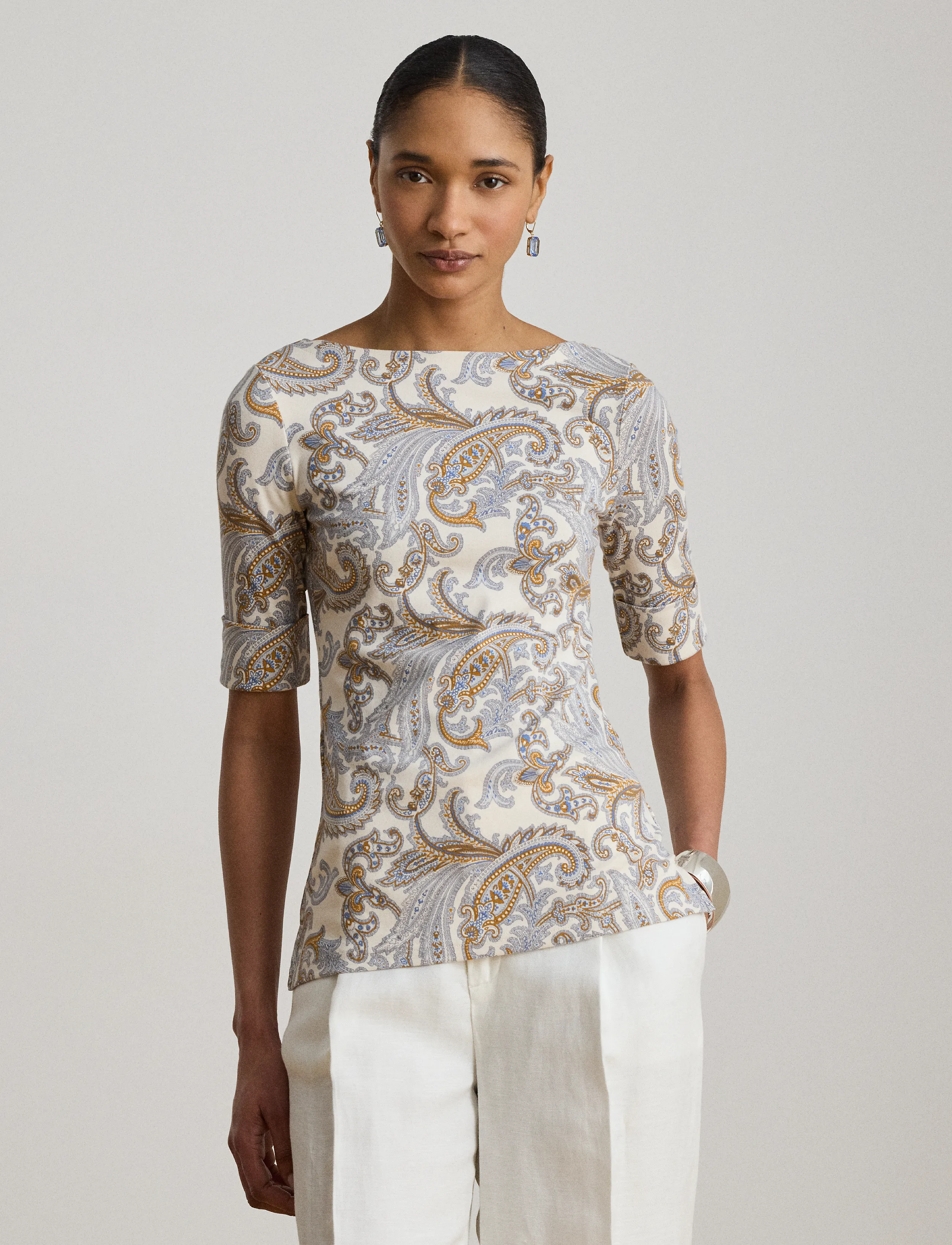Lauren Ralph Lauren - Paisley Stretch Cotton Boatneck Tee - t-shirts - cream multi - 5