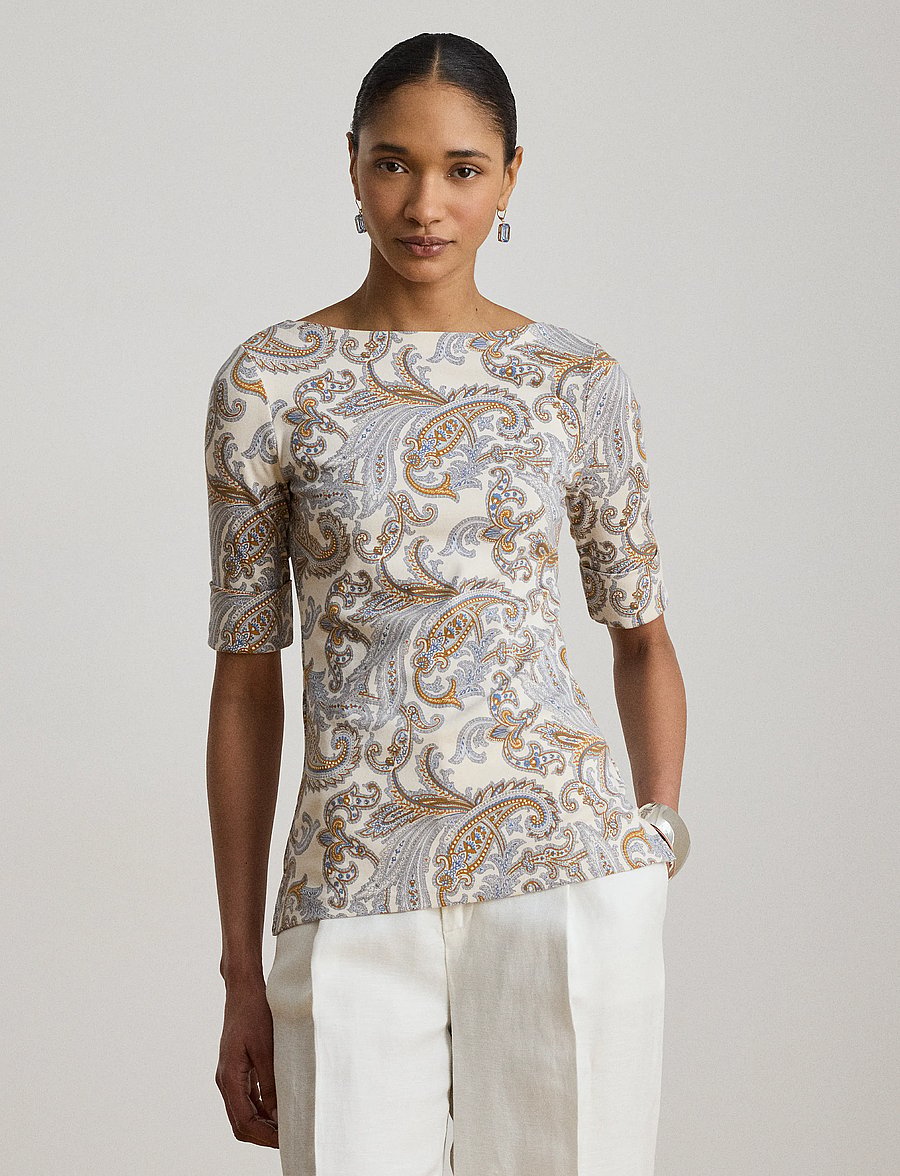 Lauren Ralph Lauren - Paisley Stretch Cotton Boatneck Tee - t-shirts - cream multi - 5