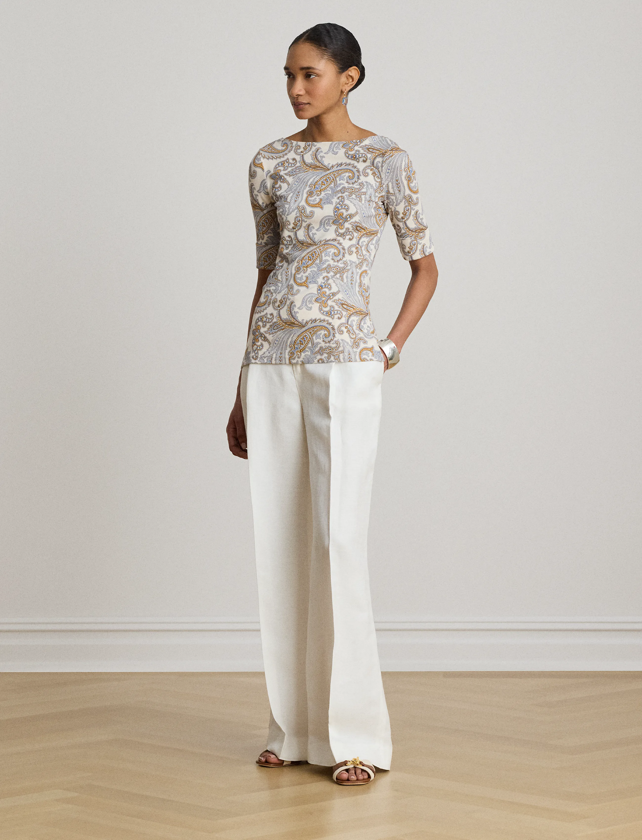 Lauren Ralph Lauren Paisley Stretch Cotton Boatneck Tee - Lauren Ralph Lauren - CREAM MULTI / cream