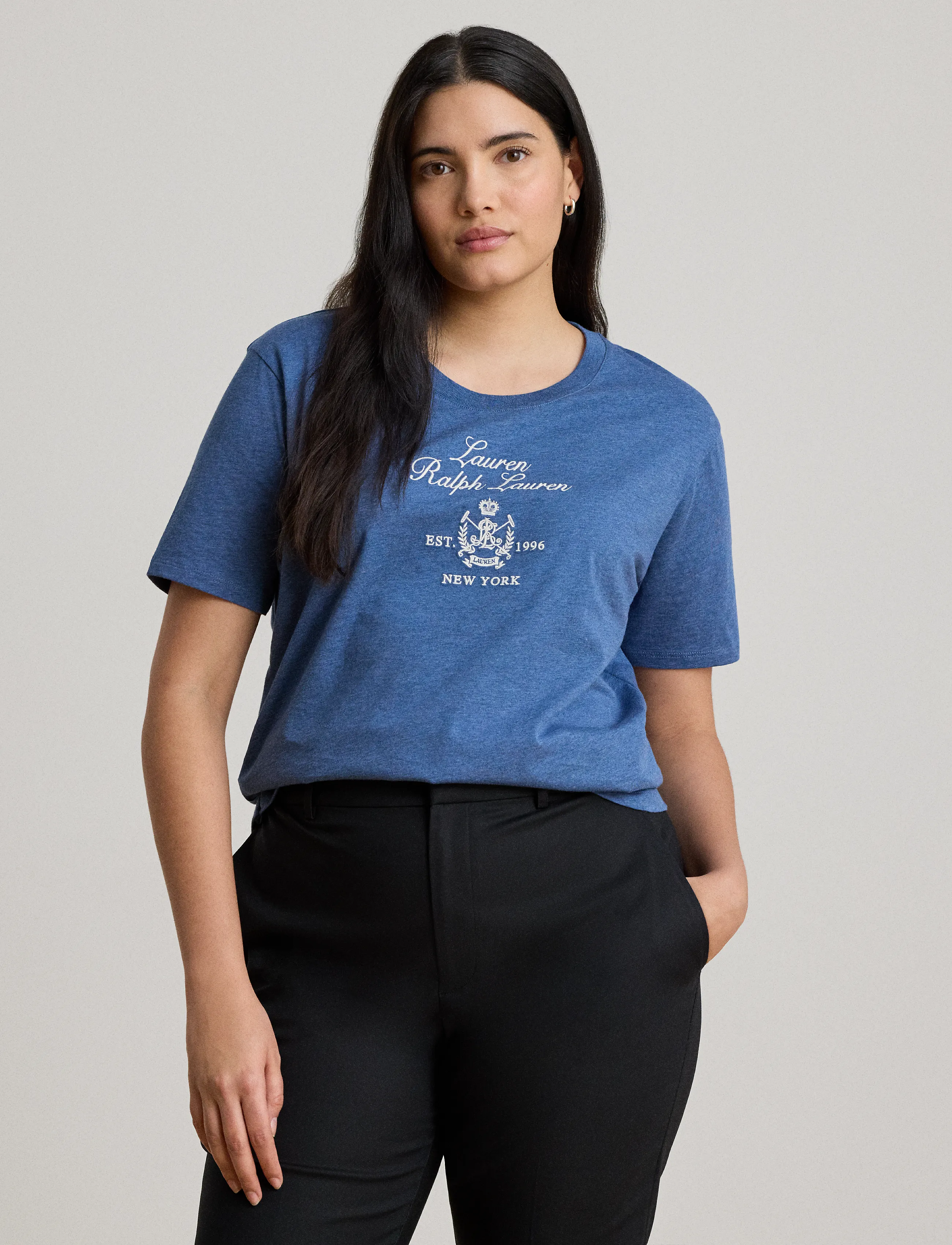 Lauren Ralph Lauren Embroidered-Crest Heathered Jersey Tee - Riided - INKY BLUE / blue