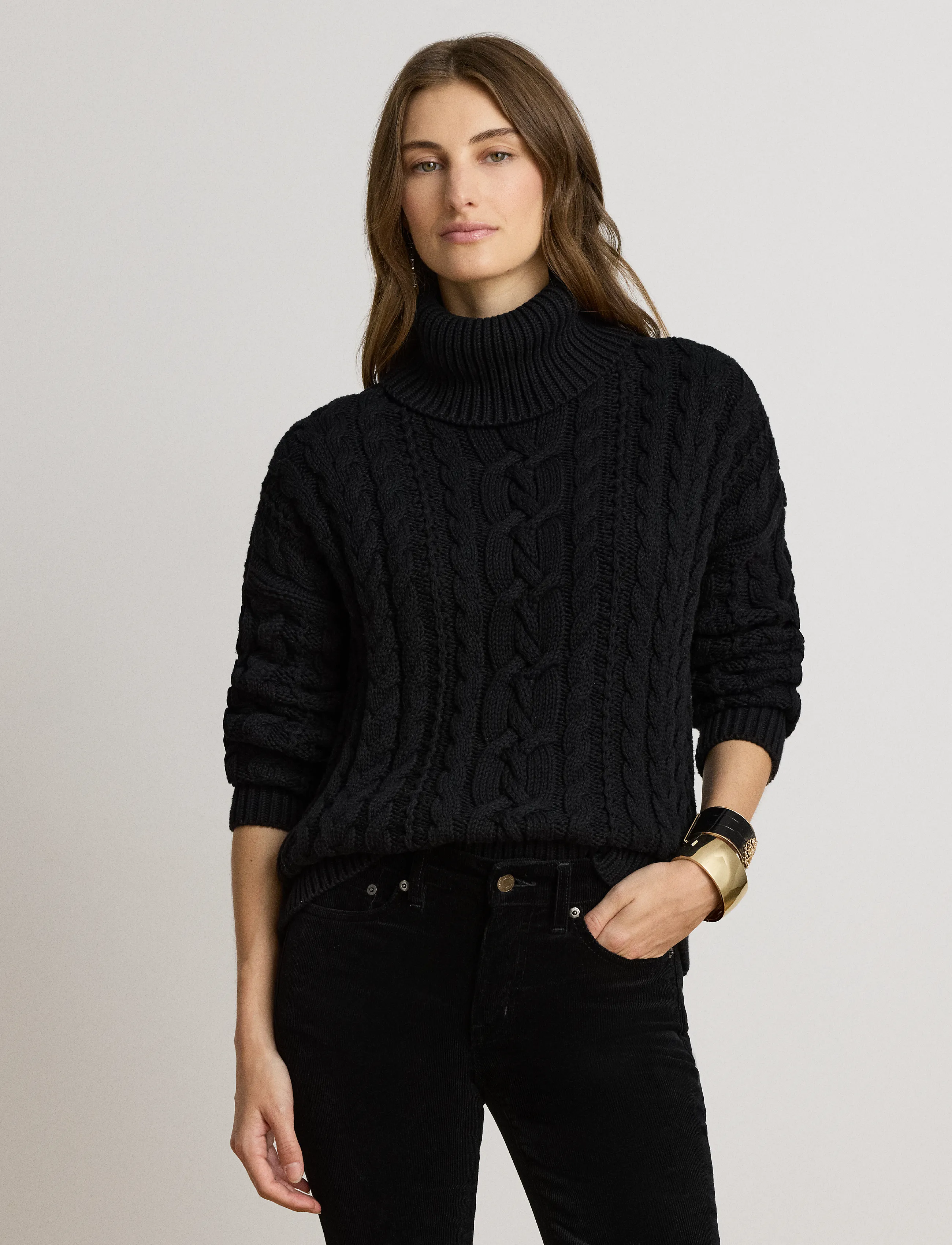 Lauren Ralph Lauren Cable-Knit Cotton Turtleneck Sweater - Lauren Ralph Lauren - BLACK / black
