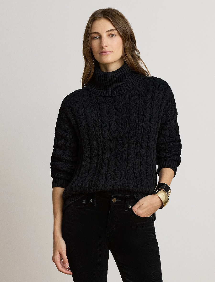 Lauren Ralph Lauren - Cable-Knit Cotton Turtleneck Sweater - rullekraver - black - 0