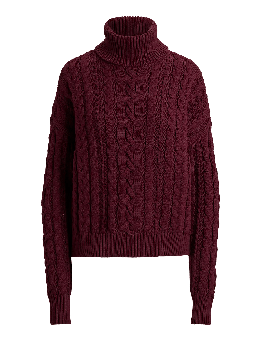 Lauren Ralph Lauren - Cable-Knit Cotton Turtleneck Sweater - rullekraver - dark garnet - 1