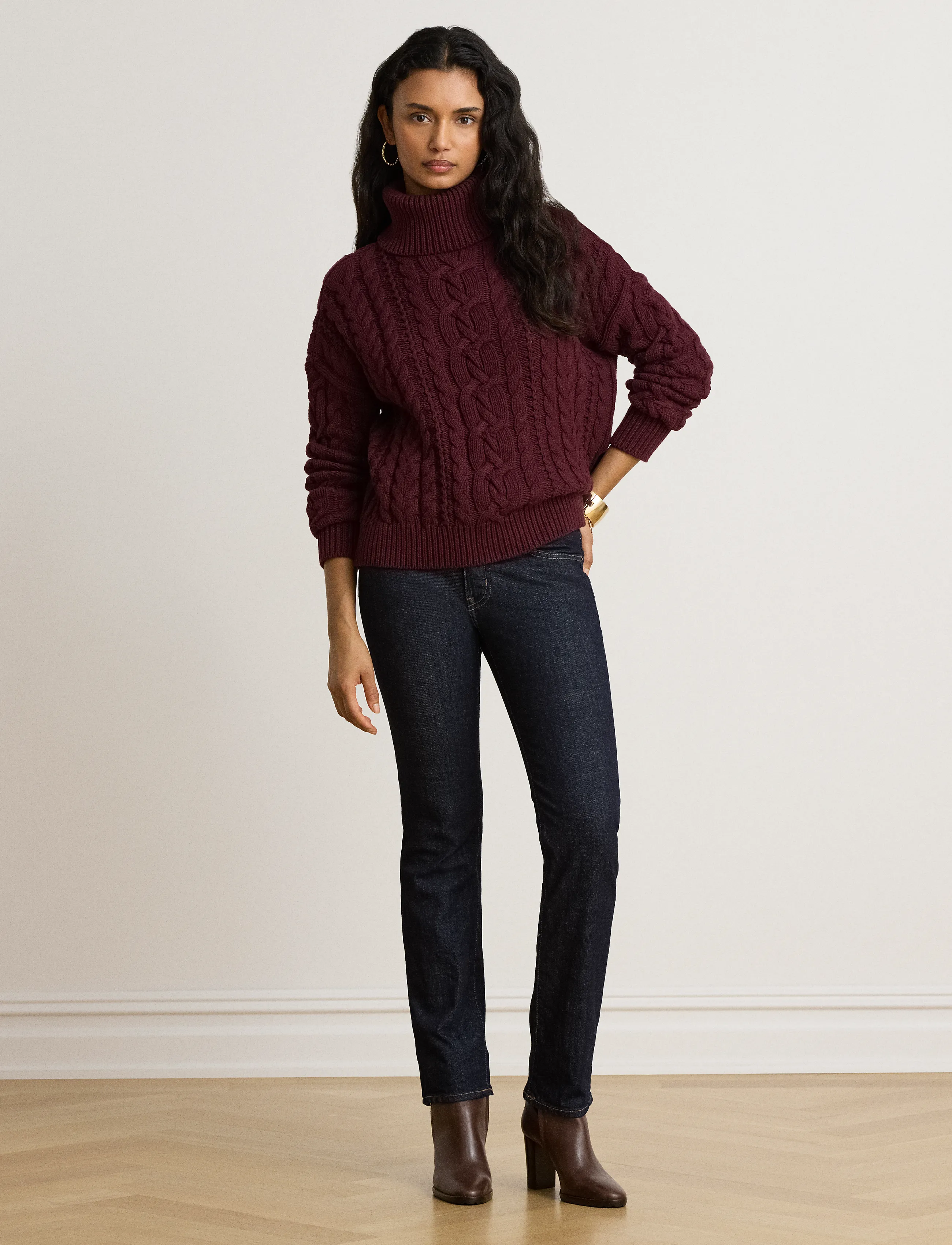 Lauren Ralph Lauren Cable-Knit Cotton Turtleneck Sweater - Lauren Ralph Lauren - DARK GARNET / burgundy