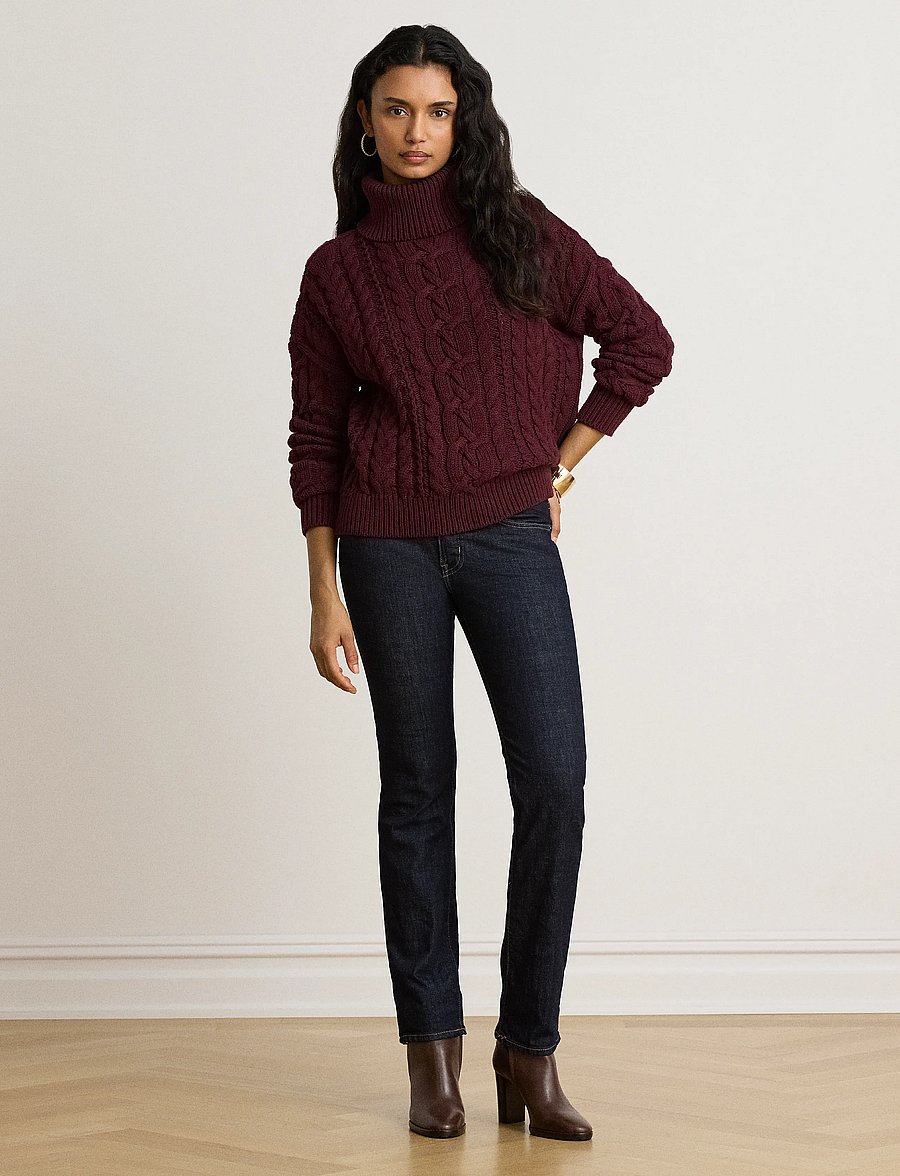 Lauren Ralph Lauren - Cable-Knit Cotton Turtleneck Sweater - rullekraver - dark garnet - 0