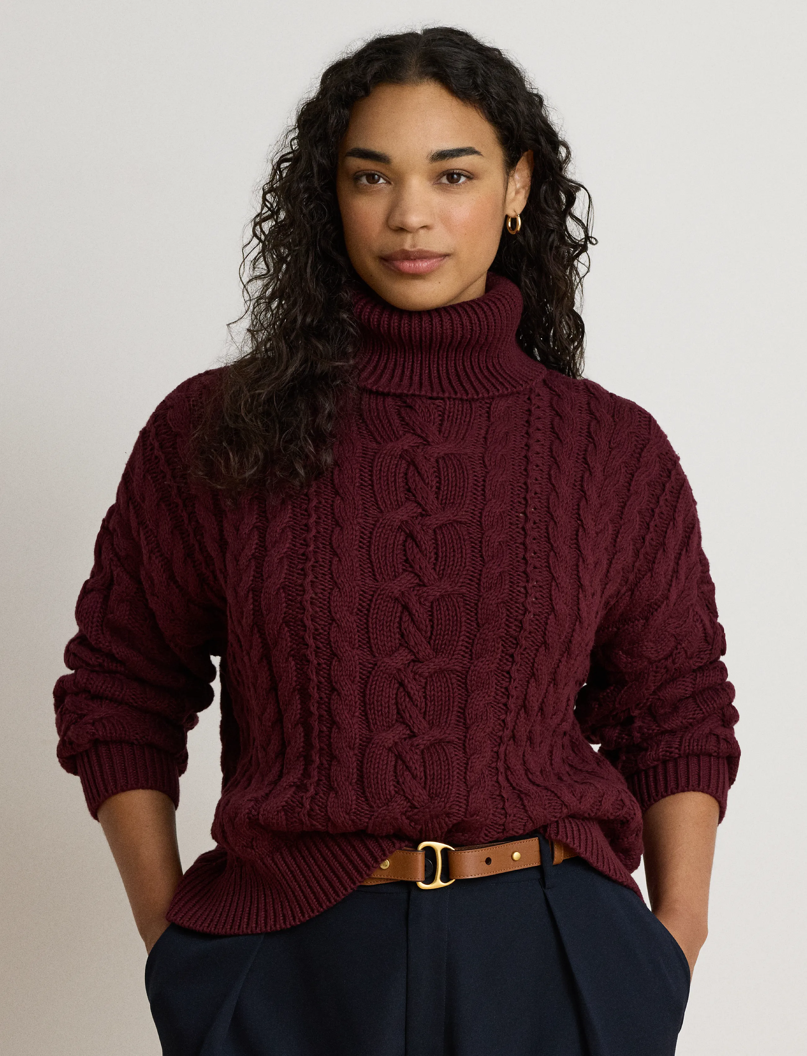 Lauren Ralph Lauren - Cable-Knit Cotton Turtleneck Sweater - rullekraver - dark garnet - 4