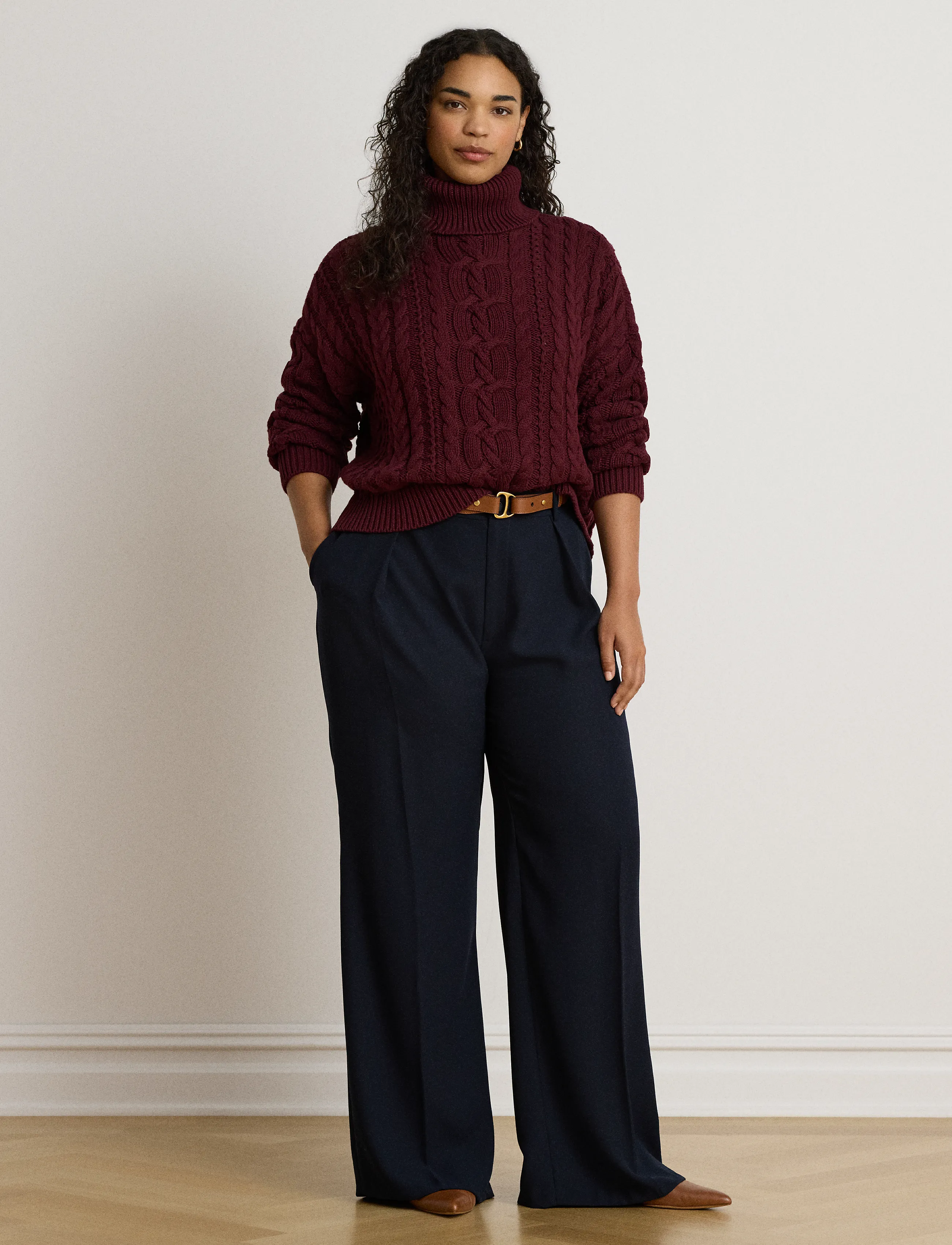 Lauren Ralph Lauren - Cable-Knit Cotton Turtleneck Sweater - rullekraver - dark garnet - 5