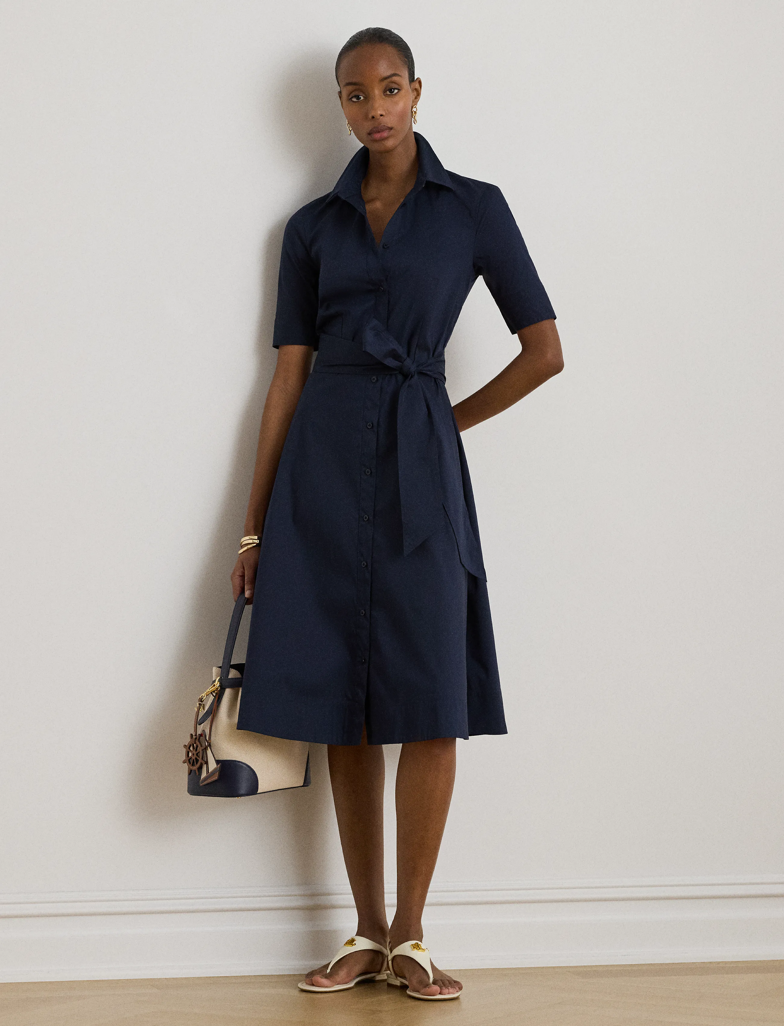 Lauren Ralph Lauren Belted Stretch-Cotton-Blend Shirtdress - Skjortekjoler - LAUREN NAVY / navy
