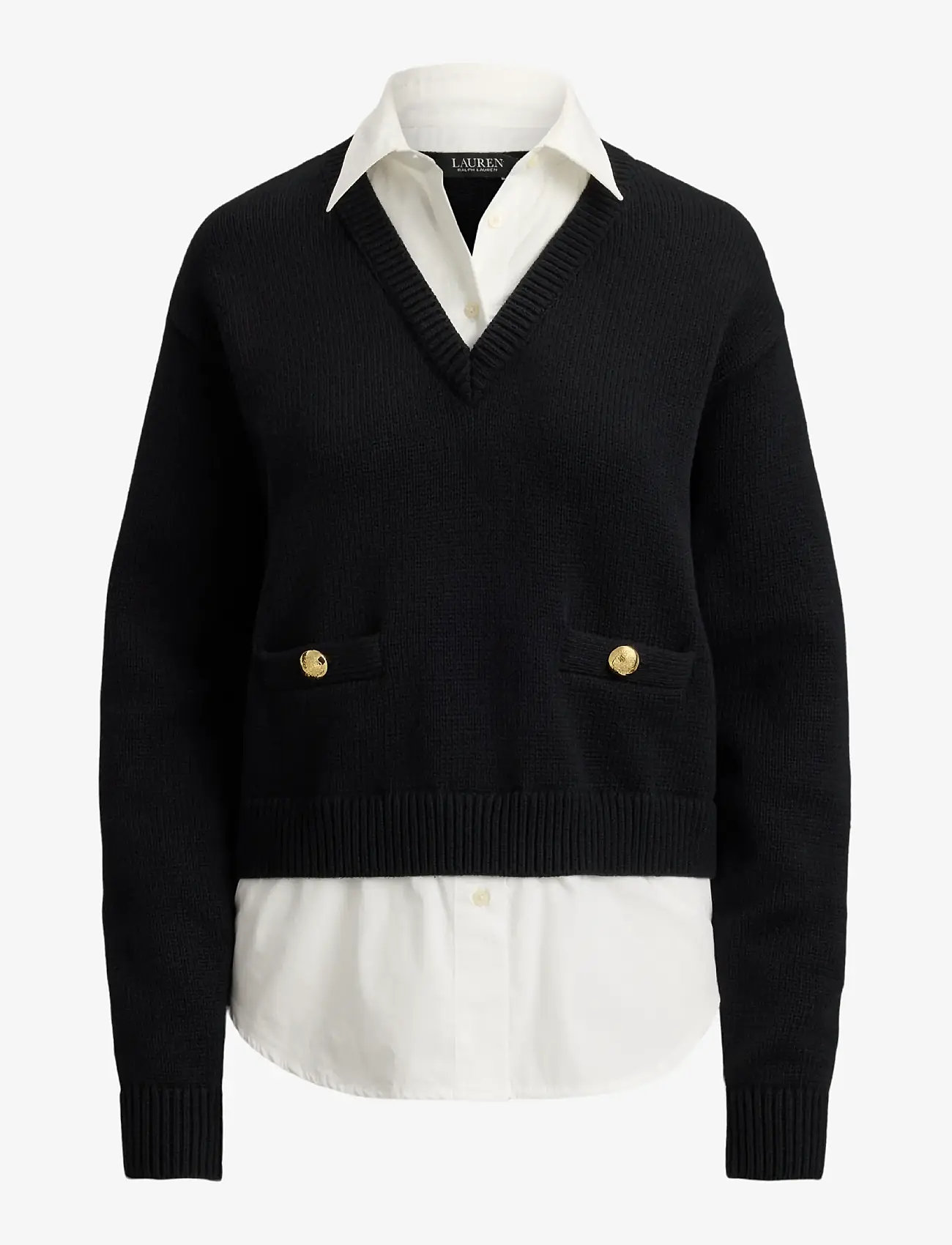 Lauren Ralph Lauren - Layered Button-Trim Cotton Sweater - koszule z długimi rękawami - black/white - 1